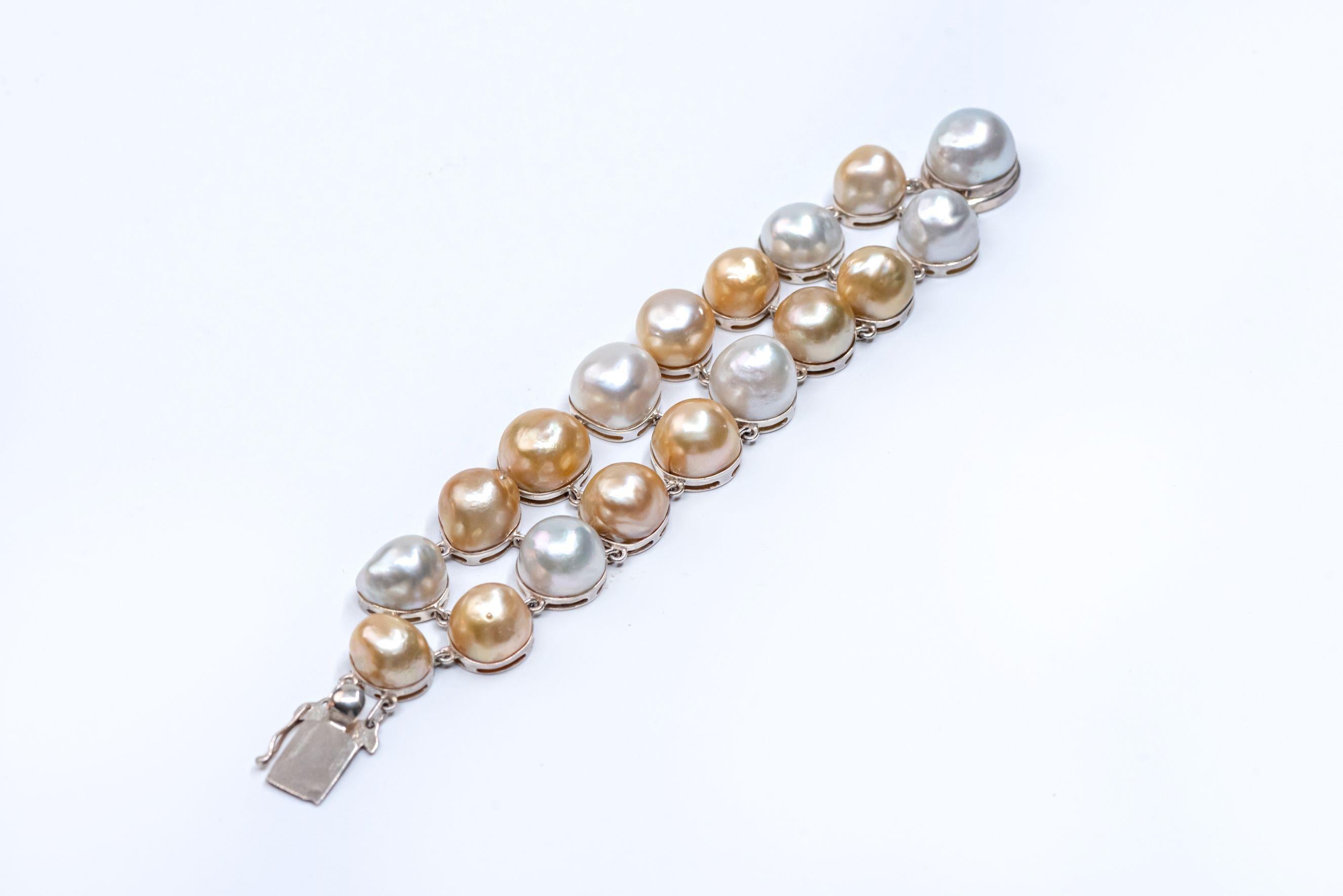 Sterling Silver Gold White Baroque South Sea Pearls Link Bracelet For Sale 6