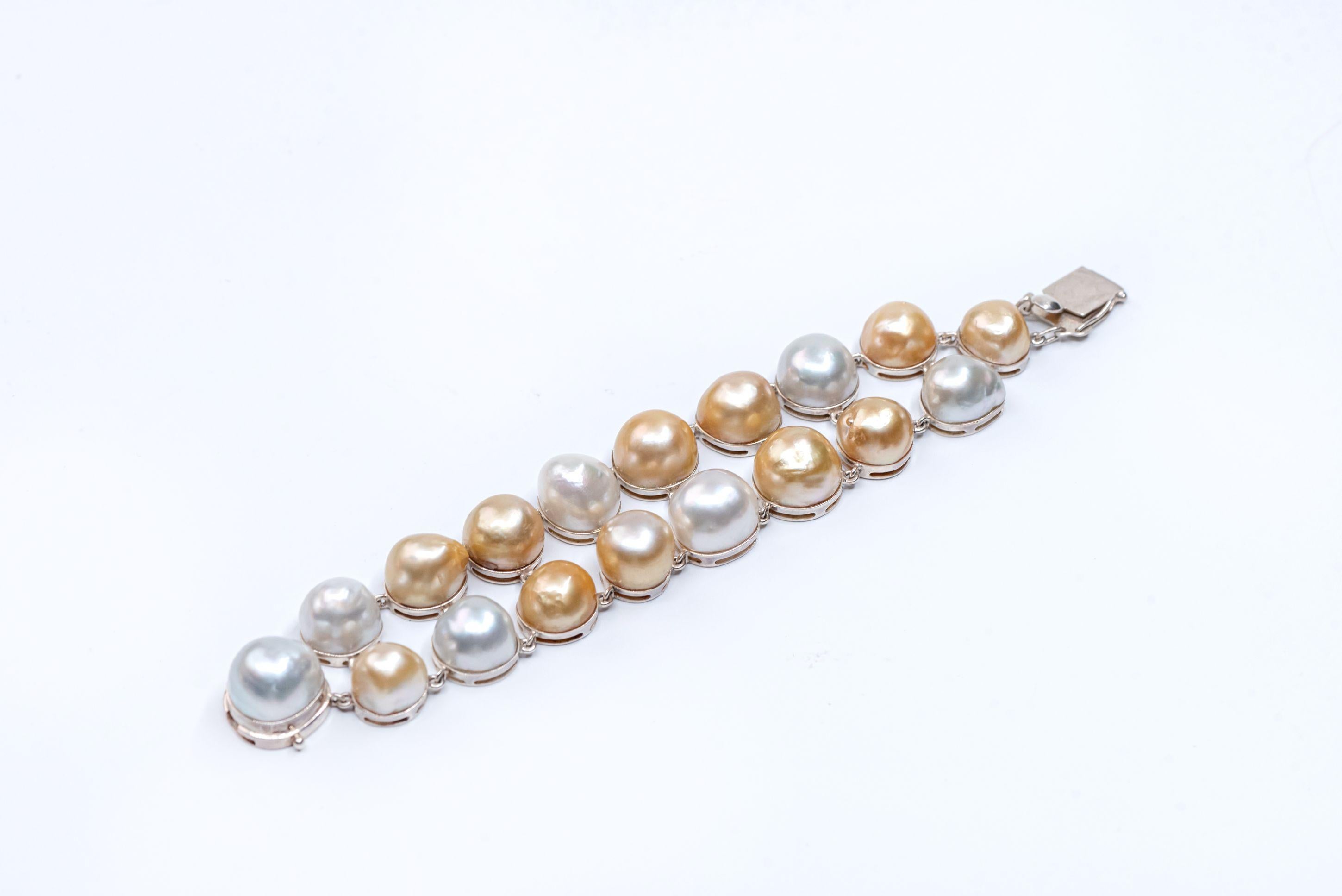Sterling Silver Gold White Baroque South Sea Pearls Link Bracelet For Sale 1