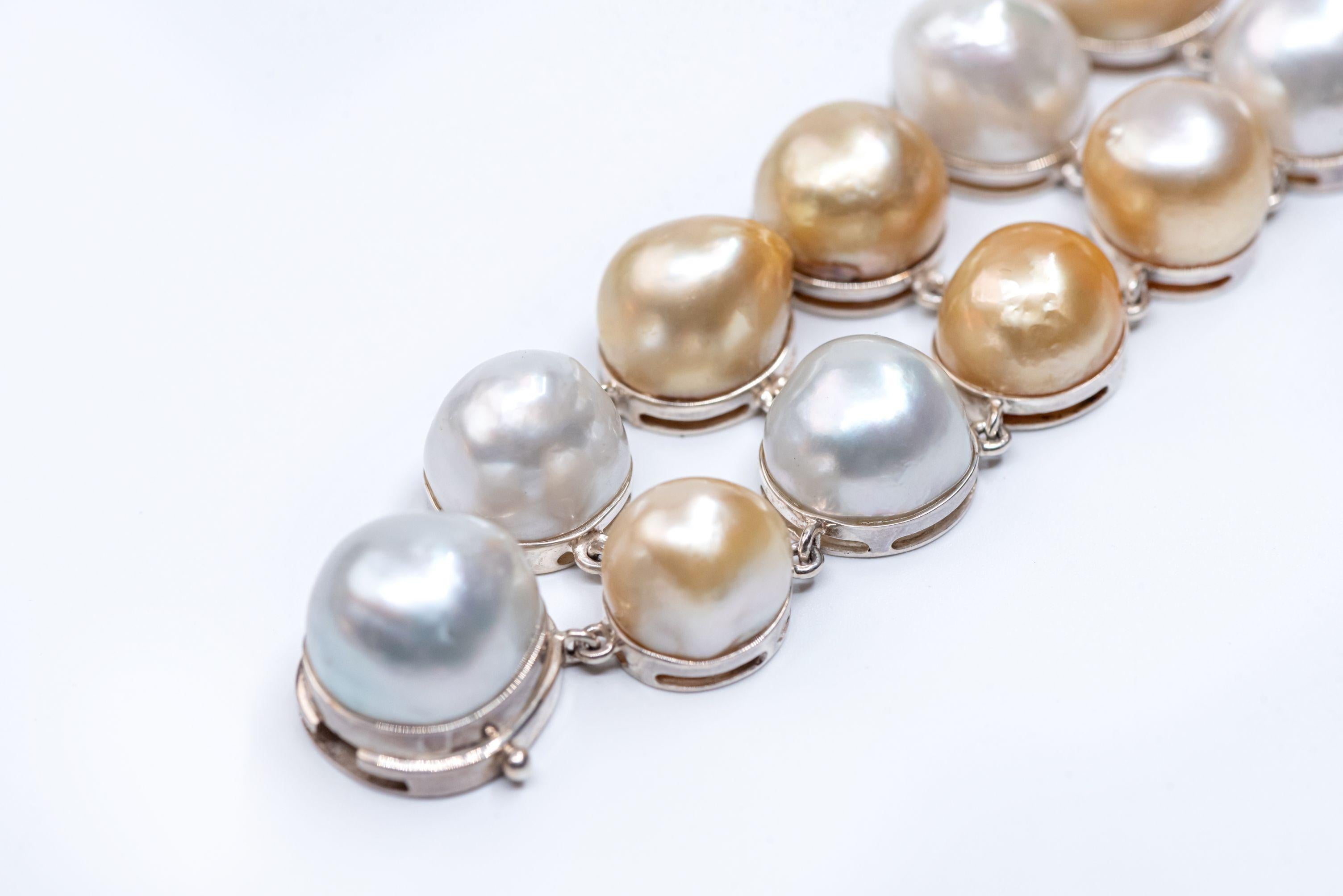 Sterling Silver Gold White Baroque South Sea Pearls Link Bracelet For Sale 2