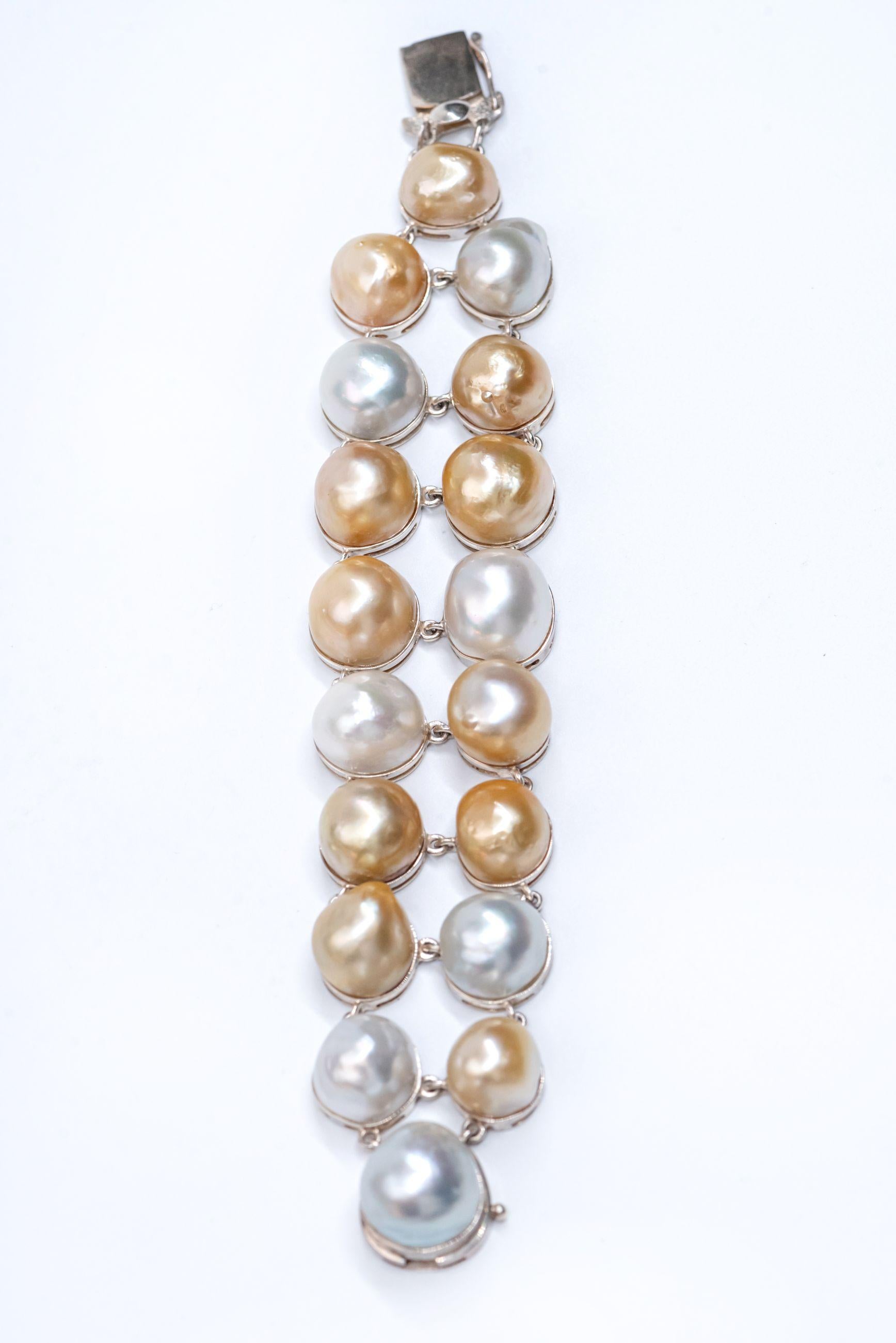 Sterling Silver Gold White Baroque South Sea Pearls Link Bracelet For Sale 3