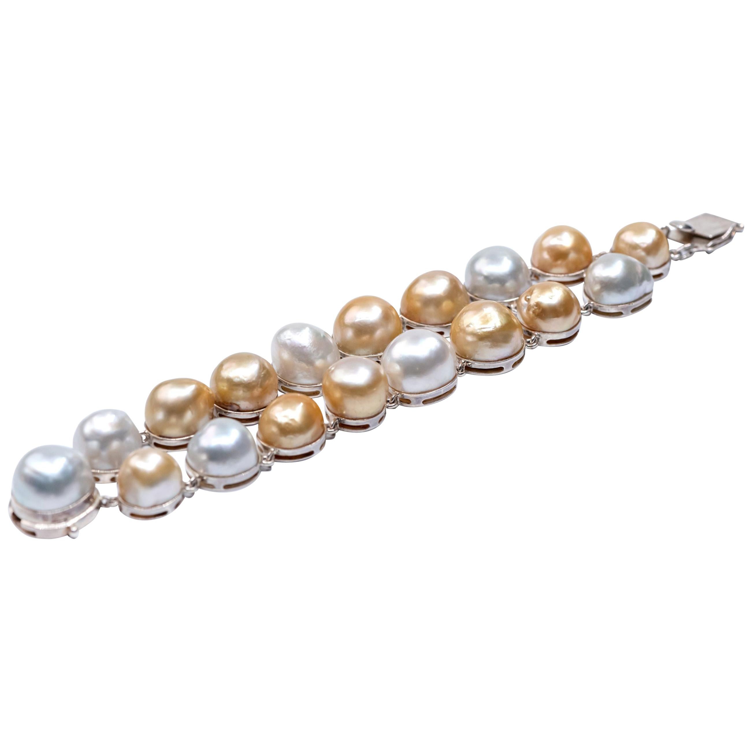 Sterling Silver Gold White Baroque South Sea Pearls Link Bracelet For Sale