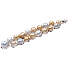 Sterling Silver Gold White Baroque South Sea Pearls Link Bracelet