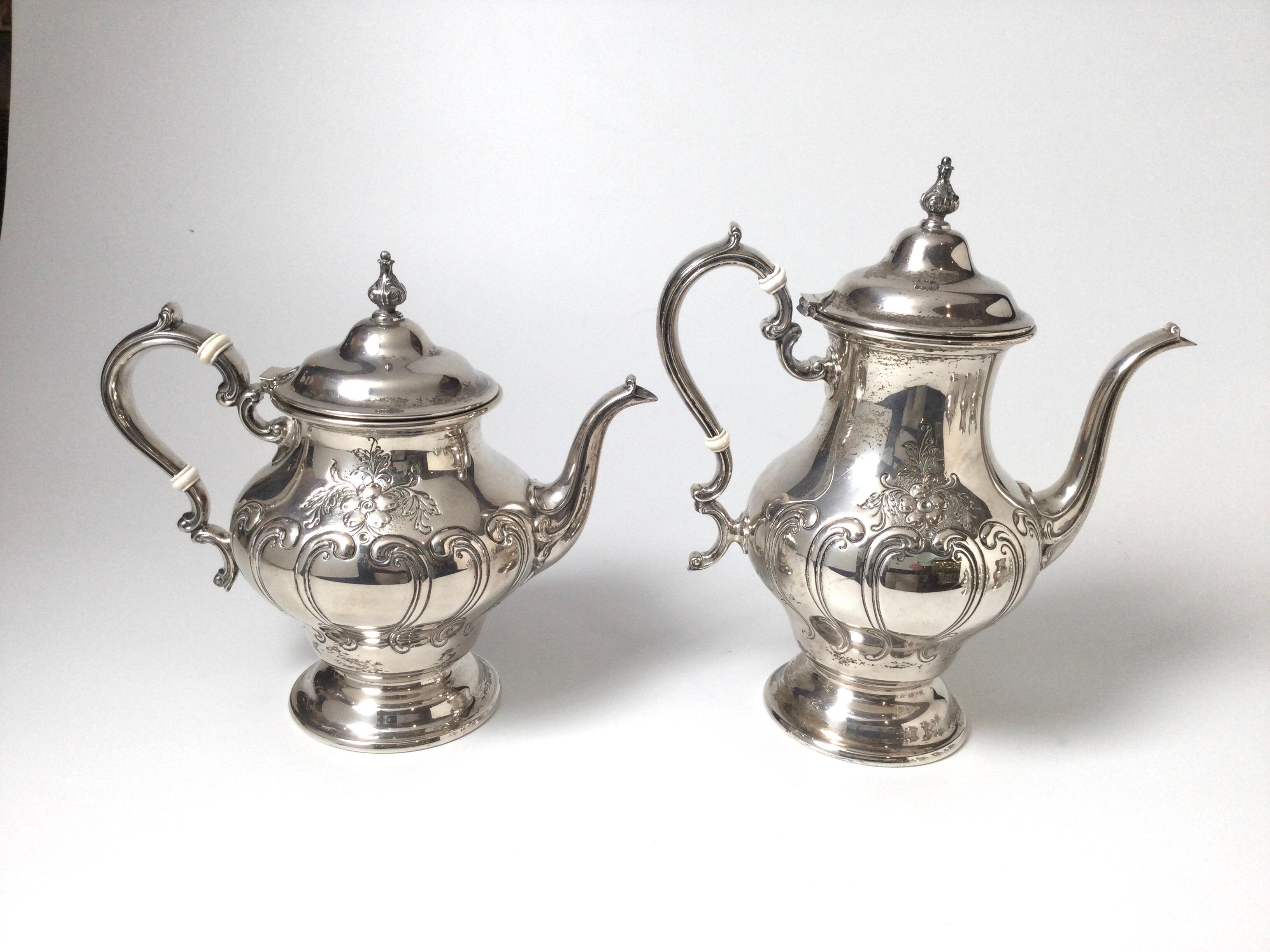 Repoussé Sterling Silver Gorham Chantilly Tea Set For Sale