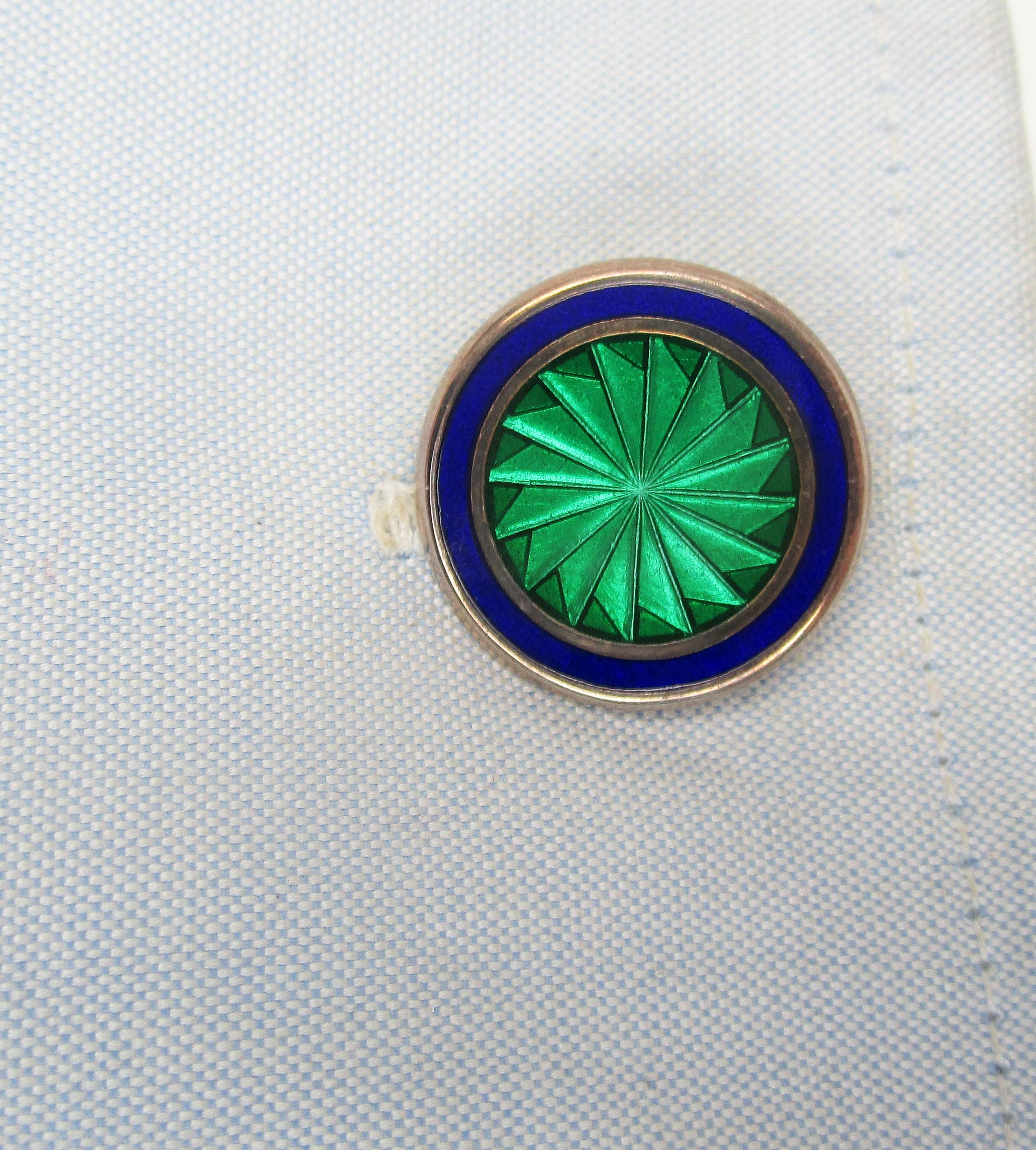 Contemporary Sterling Silver Green and Blue Enamel Large Size English Cufflinks