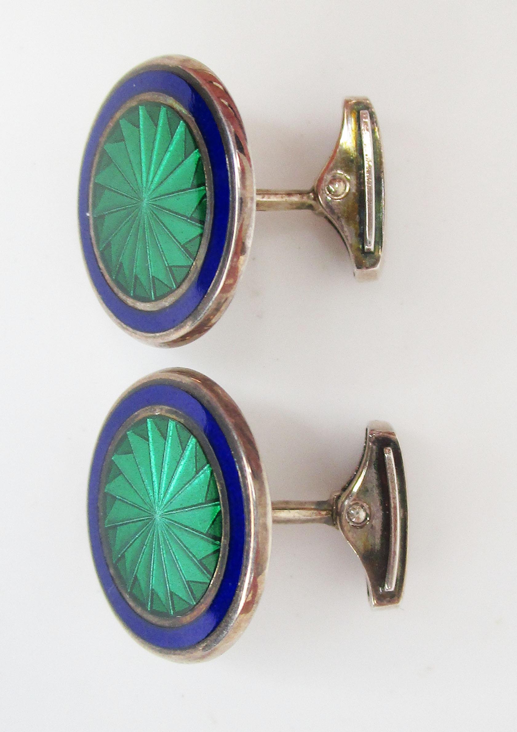 Sterling Silver Green and Blue Enamel Large Size English Cufflinks In New Condition In Lexington, KY