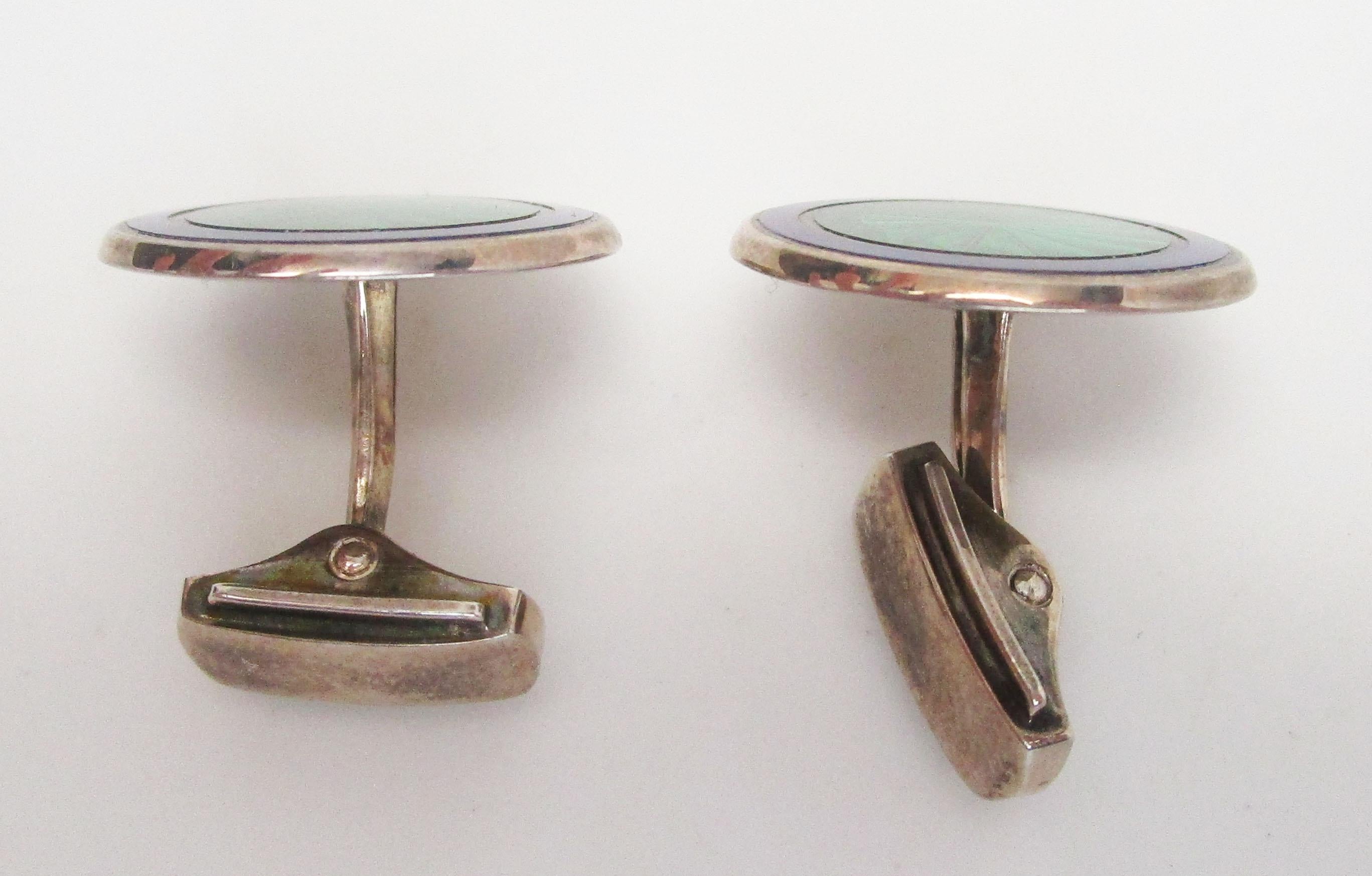 Men's Sterling Silver Green and Blue Enamel Large Size English Cufflinks