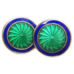 Vintage Sterling Silver Green and Blue Enamel Large Size English Cufflinks