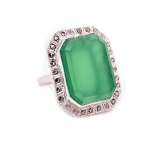 Sterling Silver Green Chalcedony and Marcasite Ring