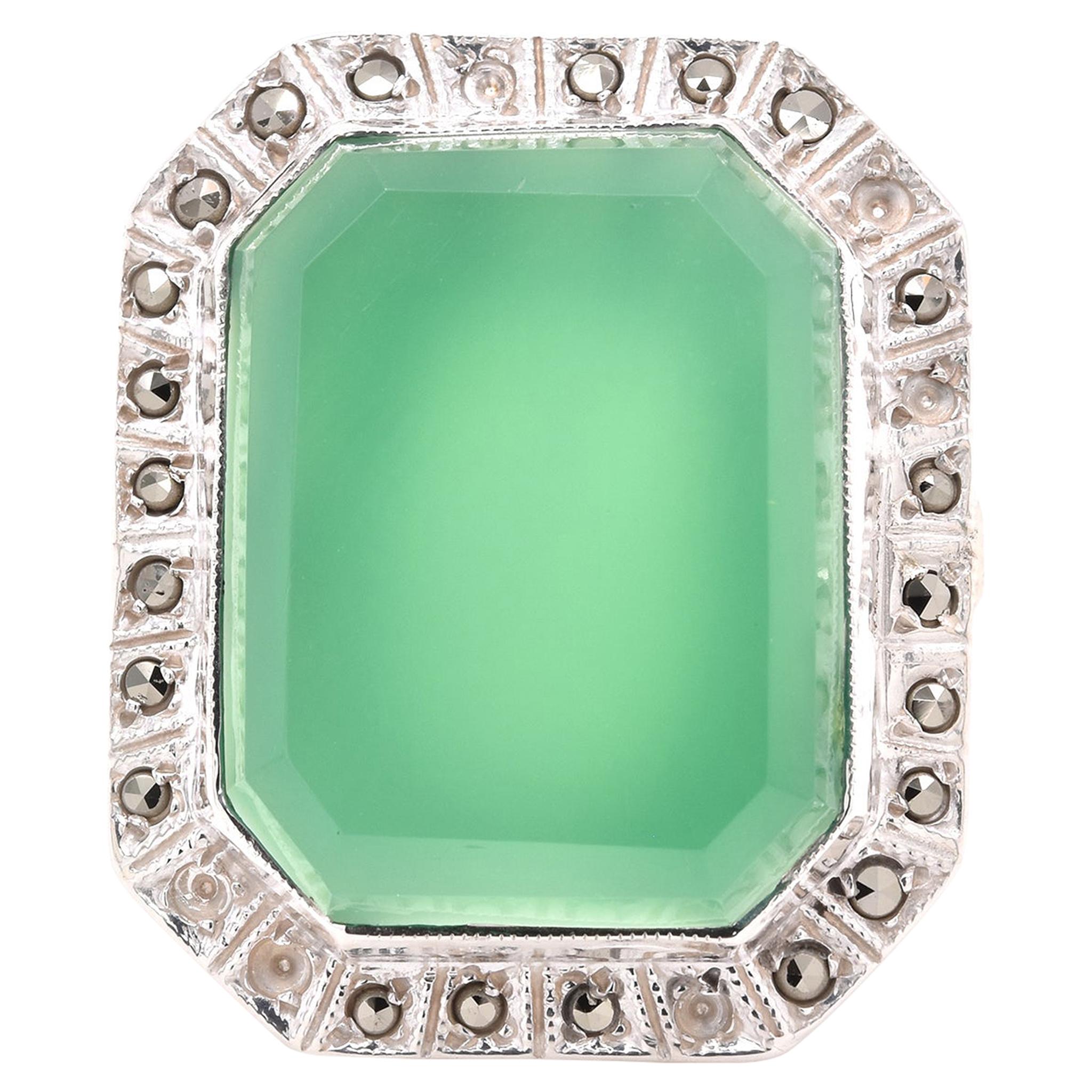 Sterling Silver Green Chalcedony and Marcasite Ring