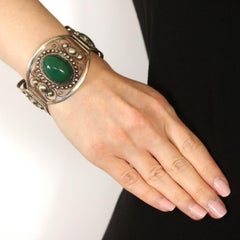 Sterling Silver Green Chrysoprase Wide Panel Bracelet, 925 Signed R.M.S.