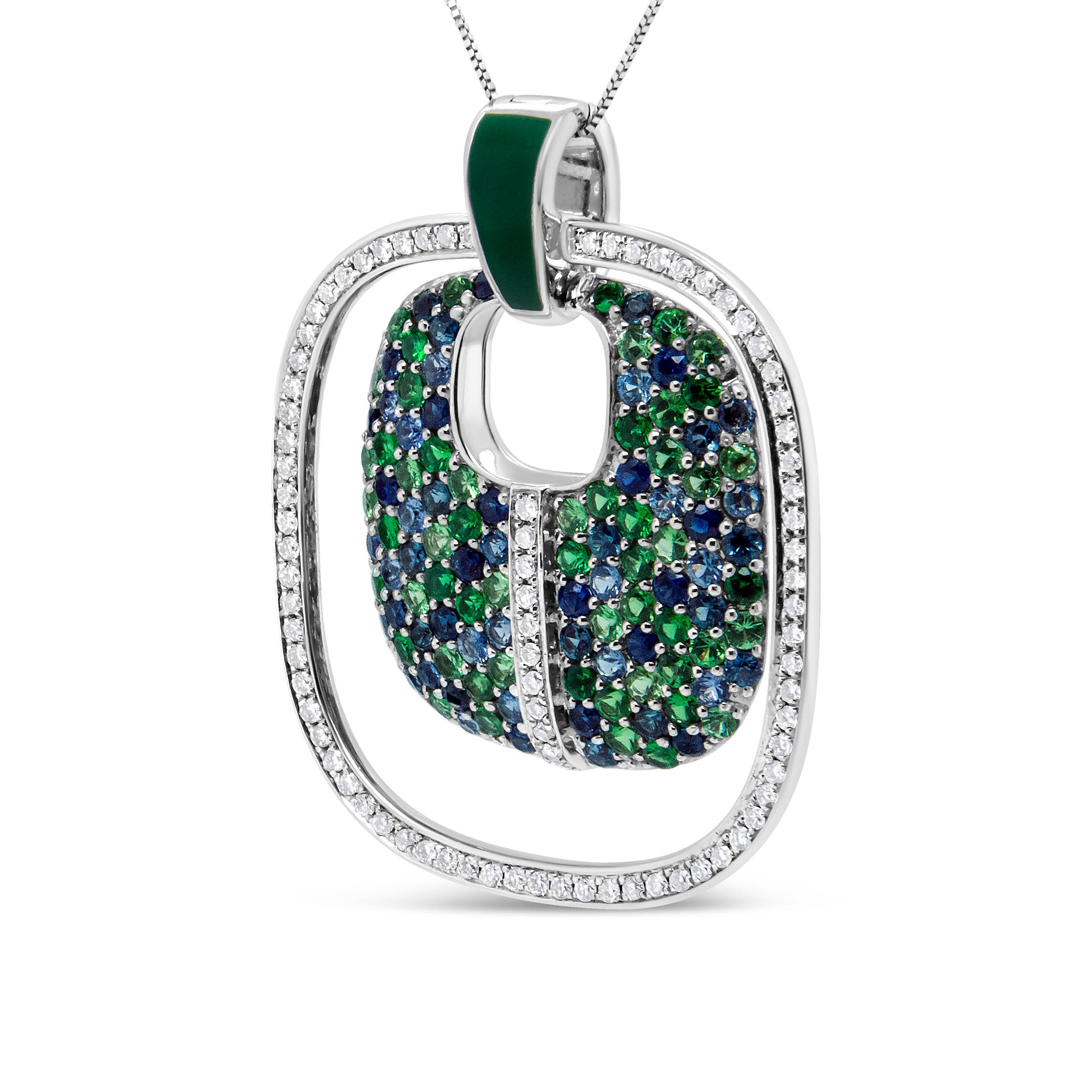 This artistically imagined statement pendant necklace  abounds with sparkling style with prong-set natural gemstones and diamonds. Crafted of .925 sterling silver with green enamel bail, this fabulous piece stands out in a unique openwork motif. A
