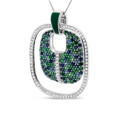 Sterling Silver Green Enamel 1/2ct Diamond Sapphire & Tsavorite Pendant Necklace