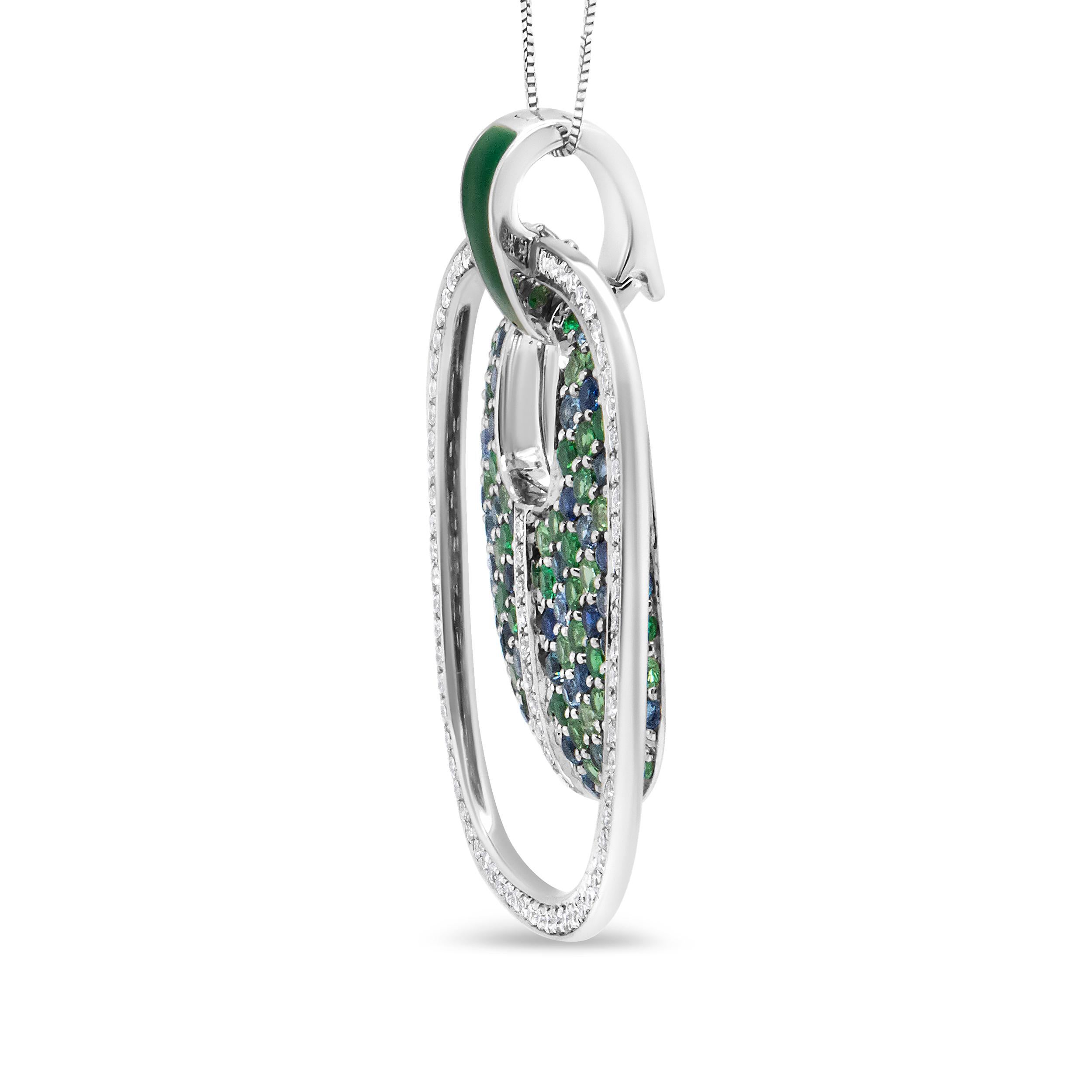 Contemporary Sterling Silver Green Enamel 1/2ct Diamond Sapphire & Tsavorite Pendant Necklace For Sale