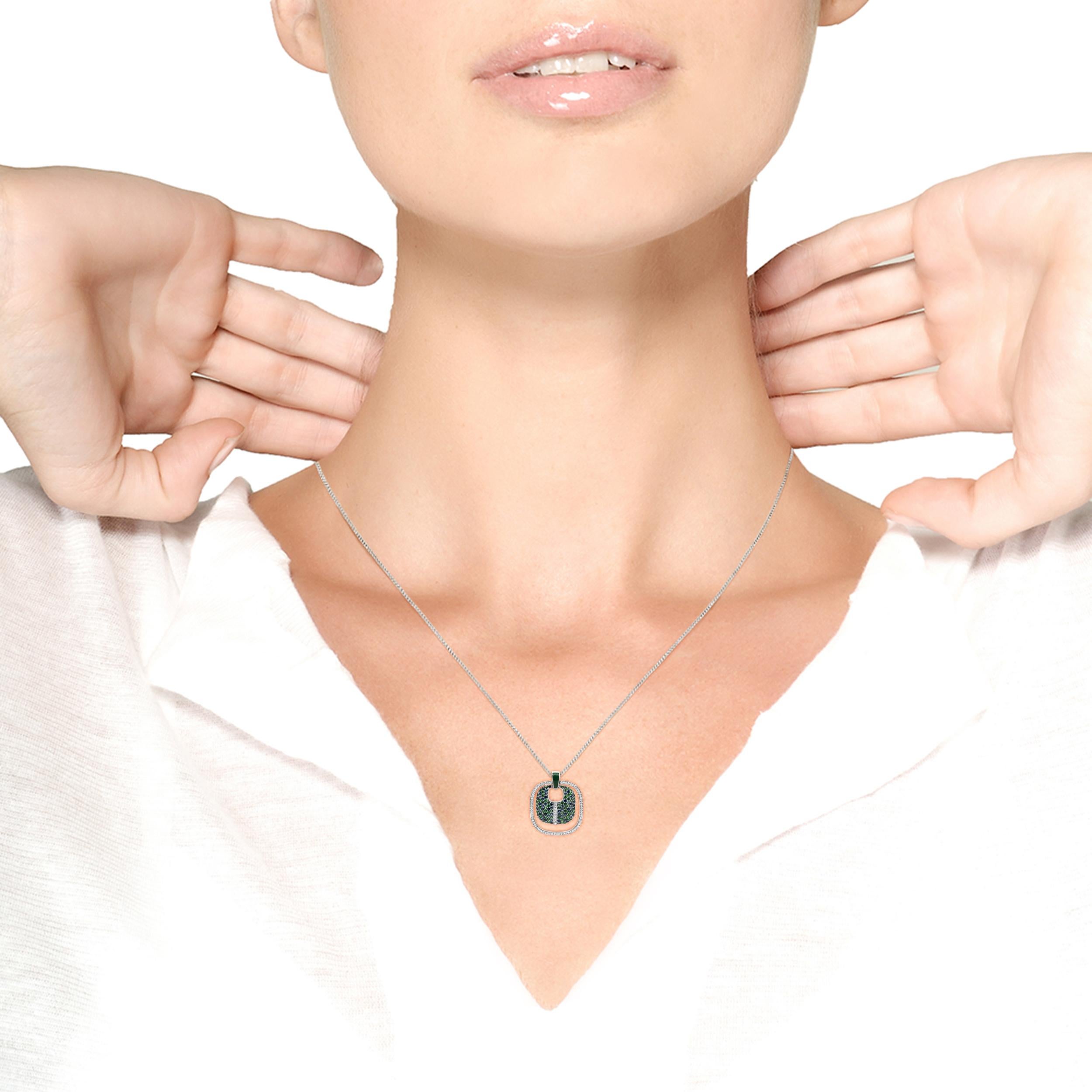 Round Cut Sterling Silver Green Enamel 1/2ct Diamond Sapphire & Tsavorite Pendant Necklace For Sale