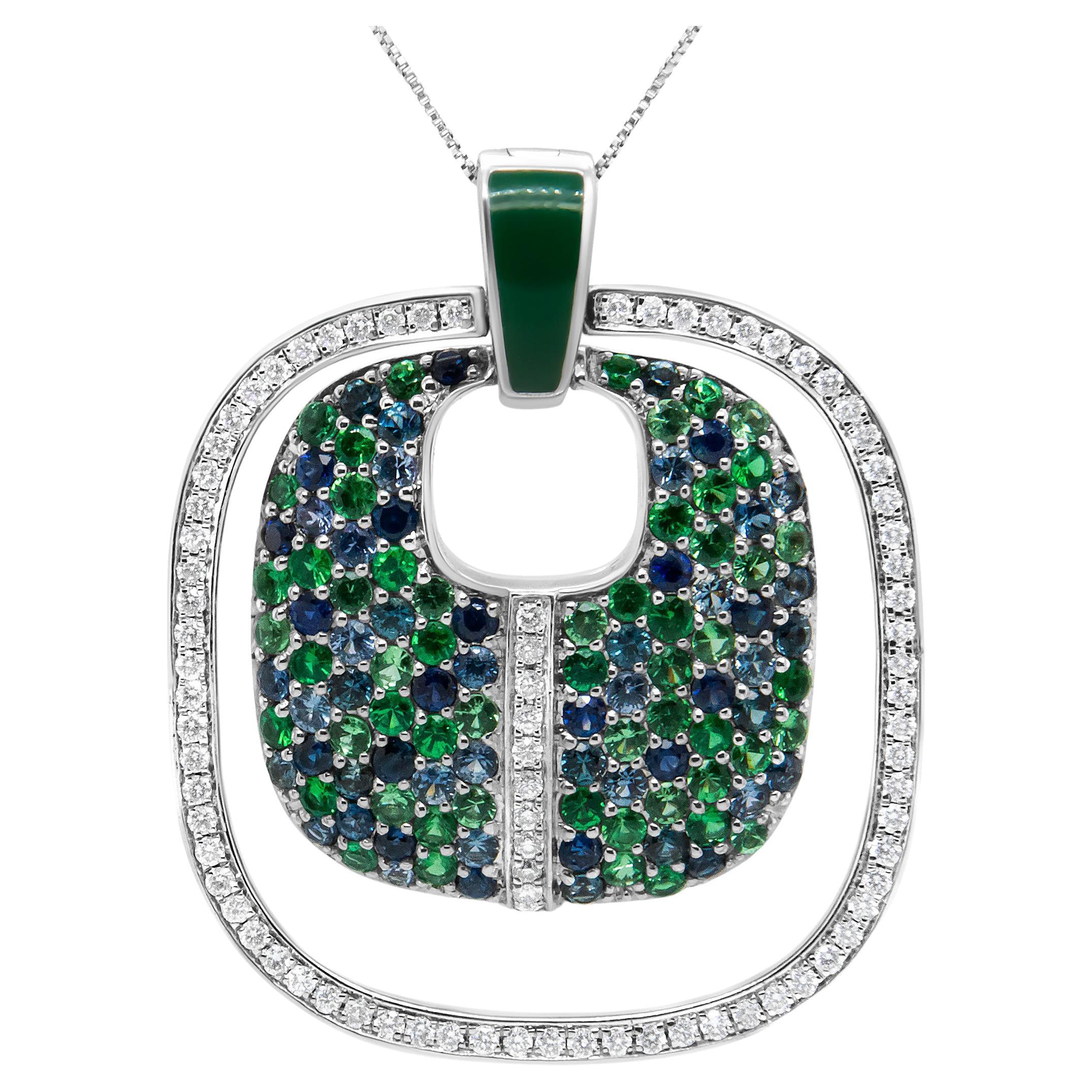 Sterling Silver Green Enamel 1/2ct Diamond Sapphire & Tsavorite Pendant Necklace