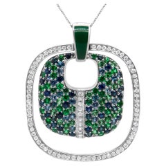 Collier à pendentif en argent sterling, émail vert, diamants 1/2 carat, saphirs et tsavorites