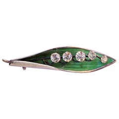 Antique Sterling Silver Green Enamel and Paste Stone Lily of the Valley Brooch 1920s