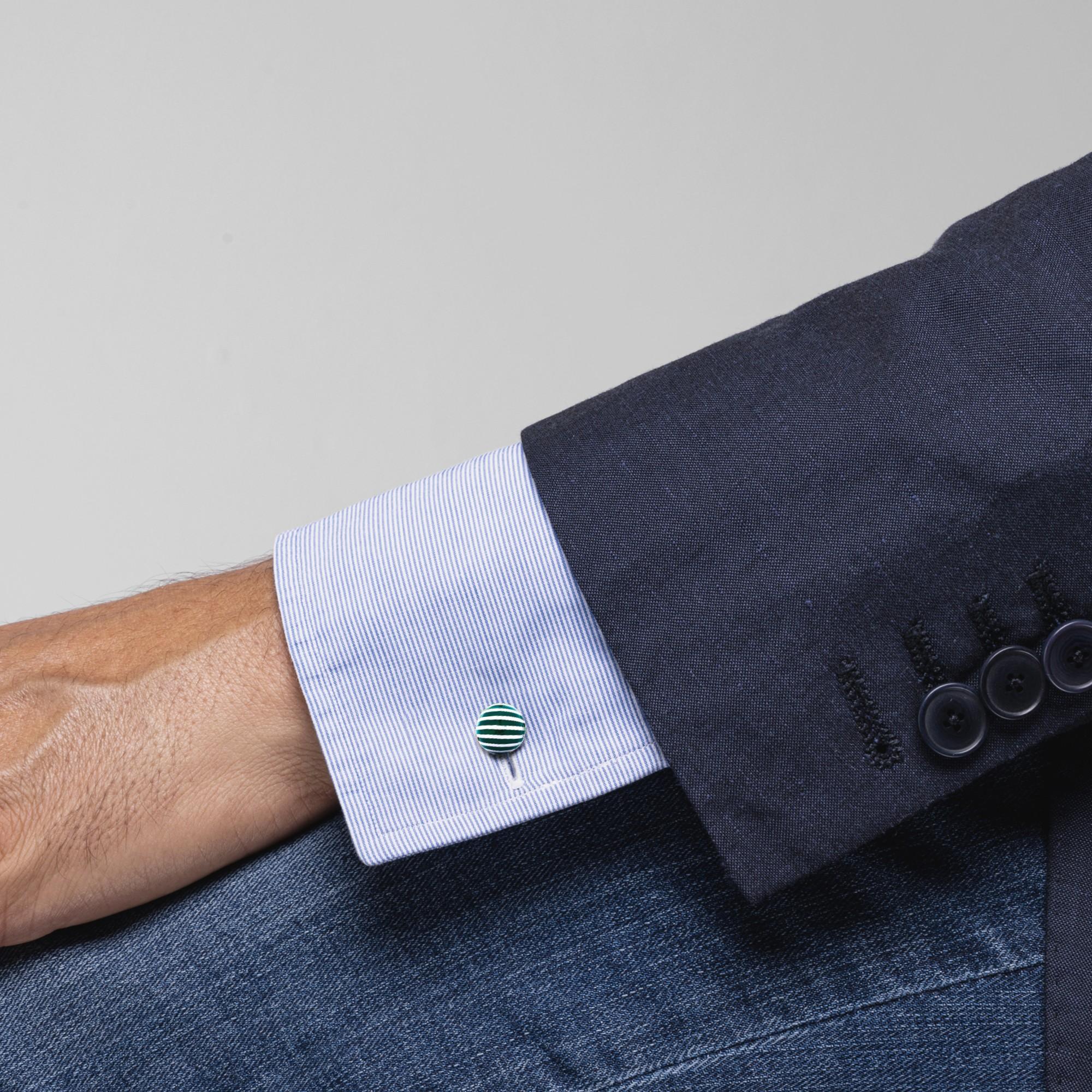 Alex Jona design collection, hand crafted in Italy, sterling silver green enamel stripe cufflinks. Marked Alex Jona-925. These cufflinks feature a T-Bar fastening, aiding in easy use and confidence that they'll stay secured to your shirt. 
Alex Jona