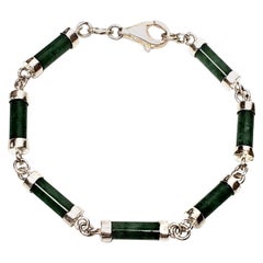 Sterling Silver Green Jade Barrel Link Bracelet