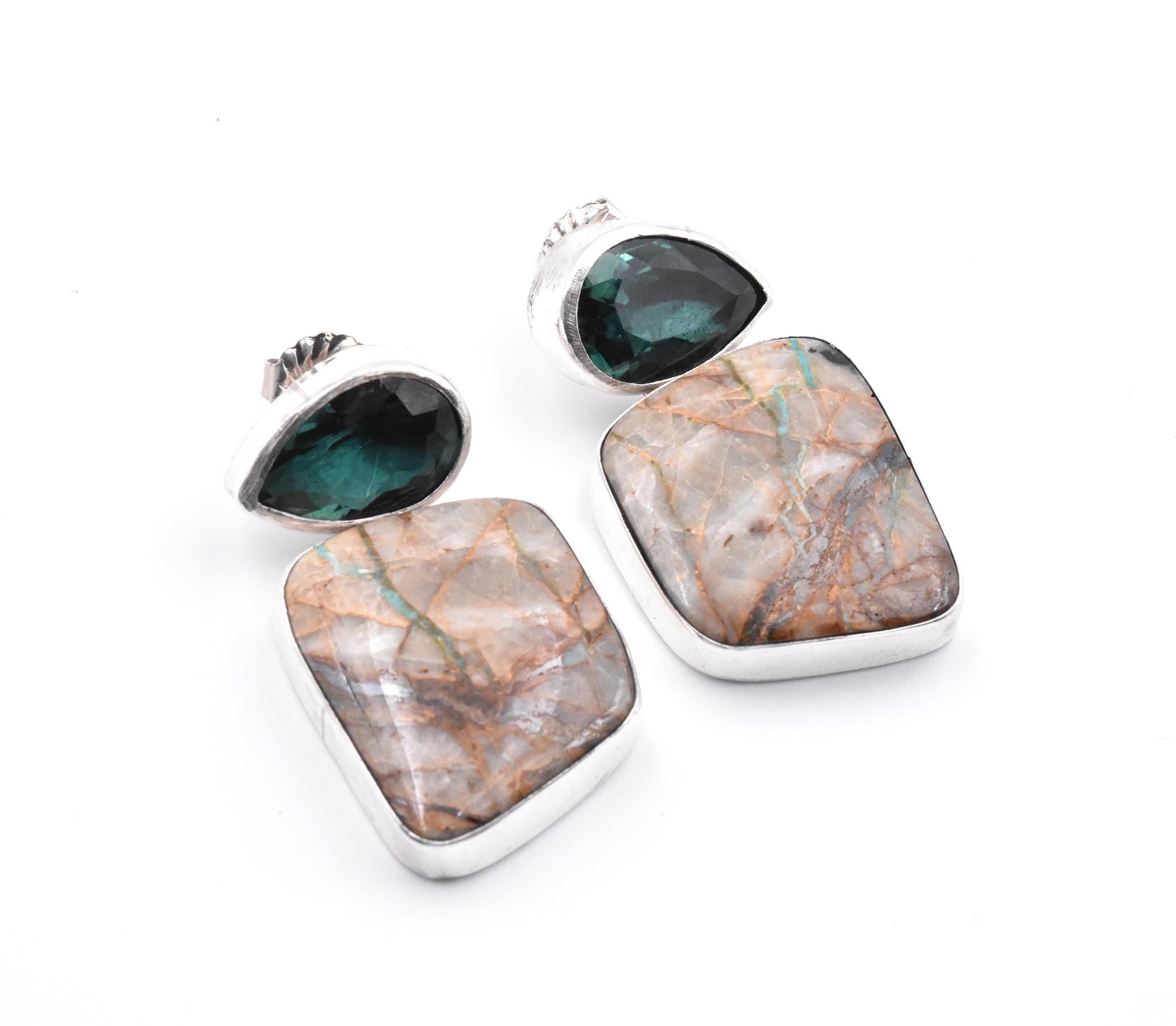 Designer: hallmarked “RD” 
Material: sterling silver
Gemstone: 2 faceted pear cut green quartz; 2 Royston turquoise bezel set below
Dimensions: earrings measure 36.90mm x 19.80mm
Fastenings: post with friction back
Weight: 6.4 grams
