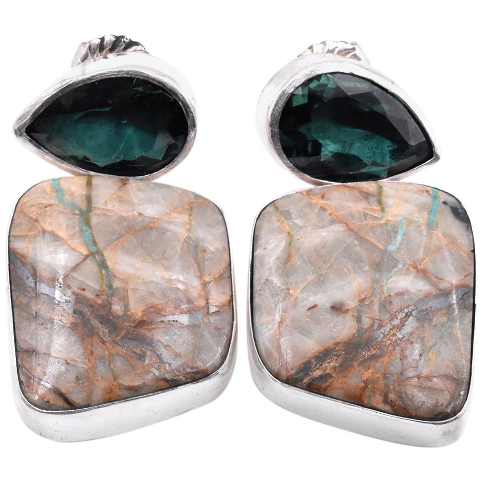 Sterling Silver Green Quartz and Royston Turquoise Earrings