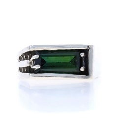 Sterling Silver Green Tourmaline Men's Ring - 925 Solitaire