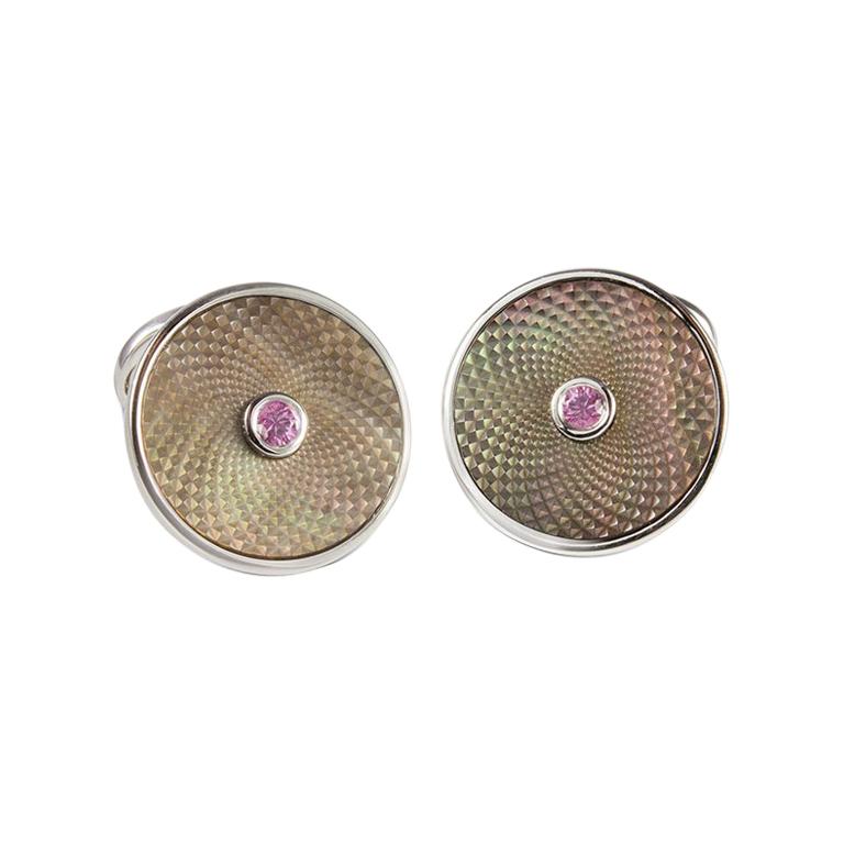 Sterling Silver Grey Mother of Pearl Cufflinks with a Pink Sapphire Gemstone
