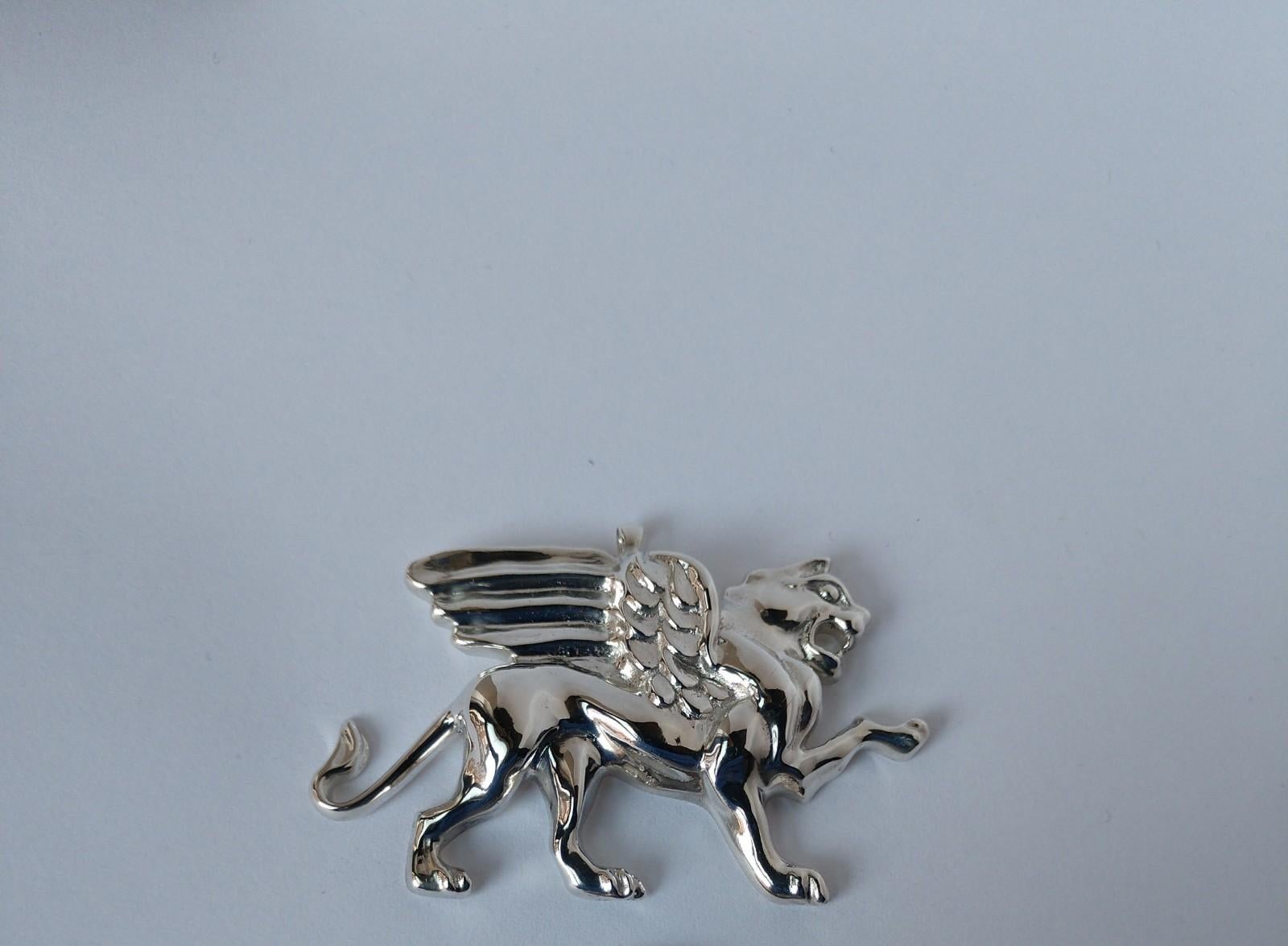 Contemporary Sterling Silver Winged Lion Griffin Pendant Necklace for Men For Sale