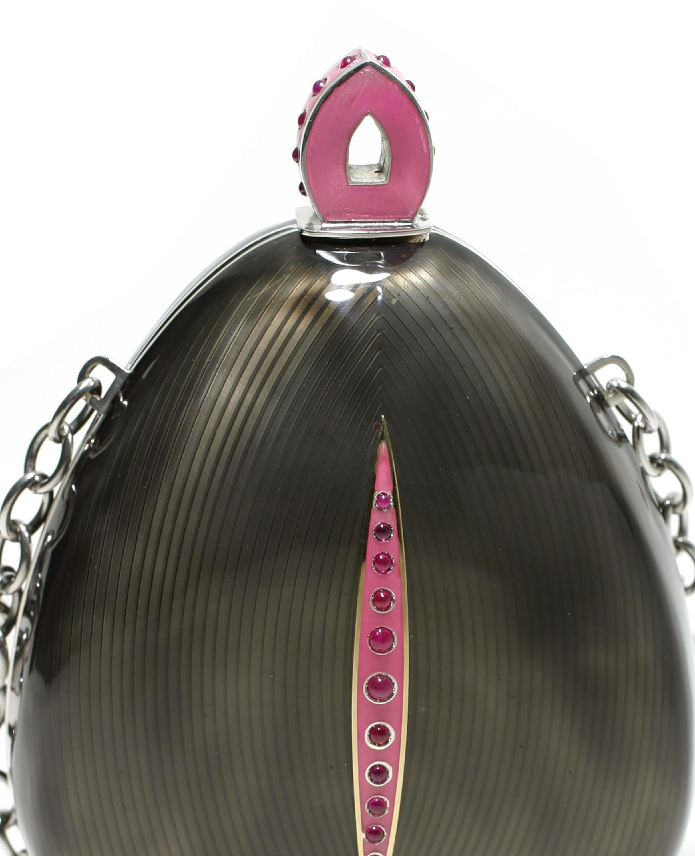 Contemporary Sterling Silver Guilloché Black Enamel Ruby Minaudière Limited Edition