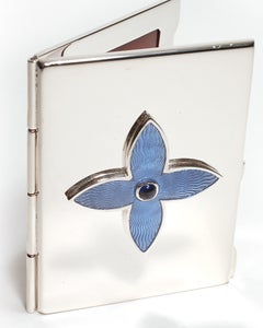 Sterling Silver Guilloché Blue Enamel Cabochon Sapphire Picture Frame Case