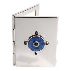 Sterling Silver Guilloché Blue Enamel Diamond and Sapphire Mirror Case