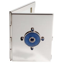 Sterling Silver Guilloché Blue Enamel Diamond and Sapphire Picture Frame Case