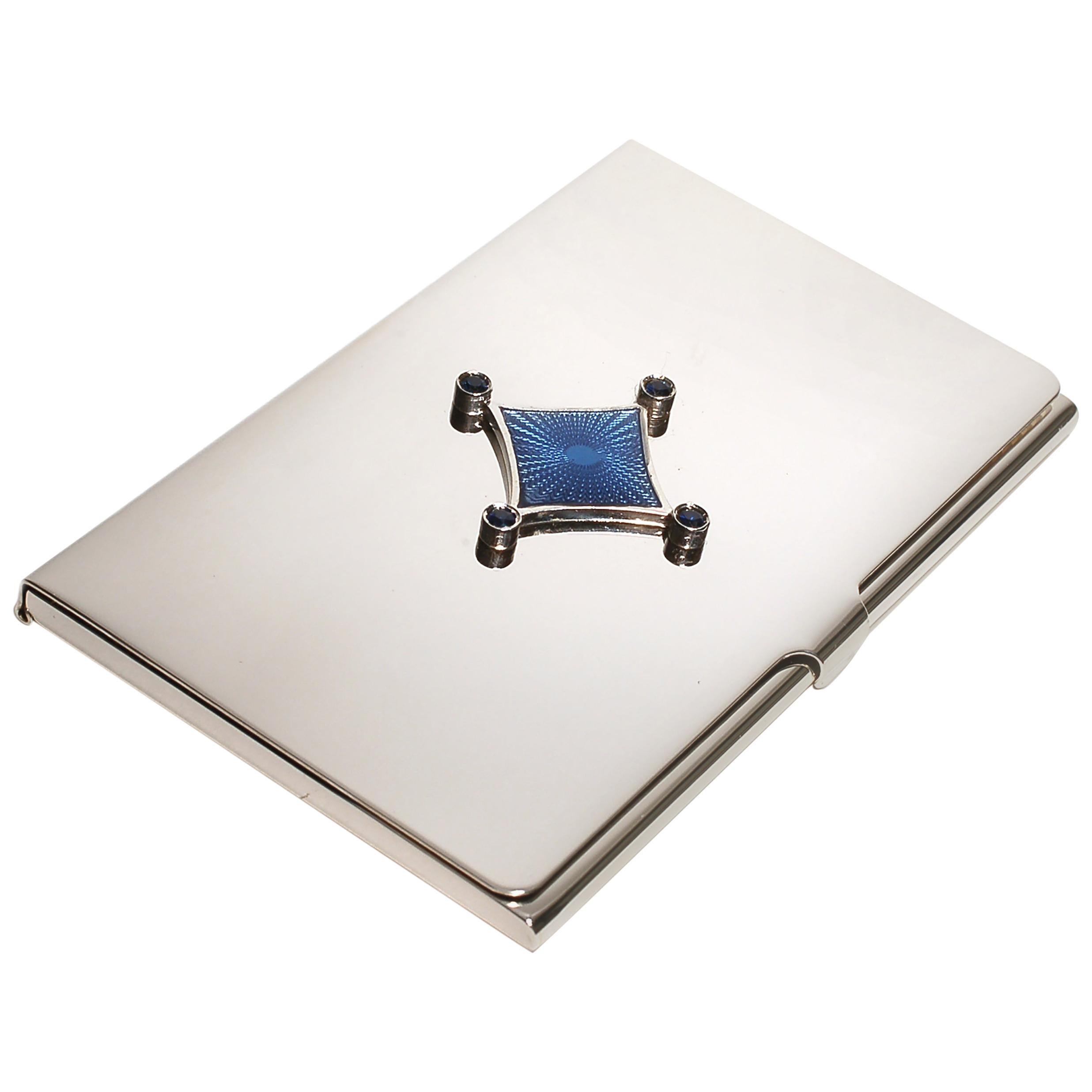 Sterling Silver Guilloché Blue Enamel Sapphire Card Case