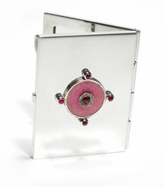 Sterling Silver Guilloché Enamel Diamond and Ruby Mirror Case