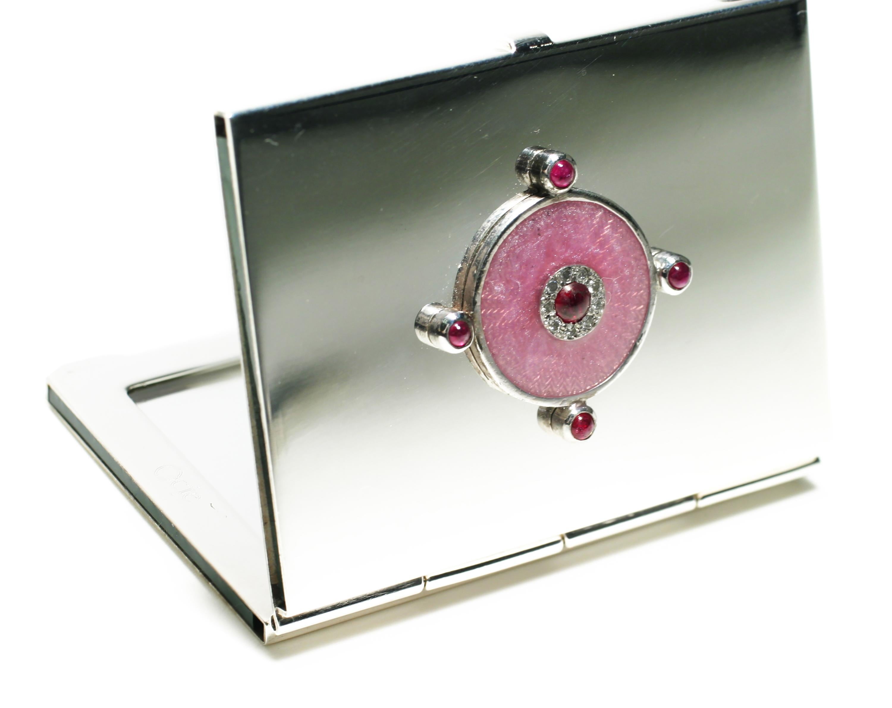 Round Cut Sterling Silver Guilloché Enamel Diamond and Ruby Mirror Case