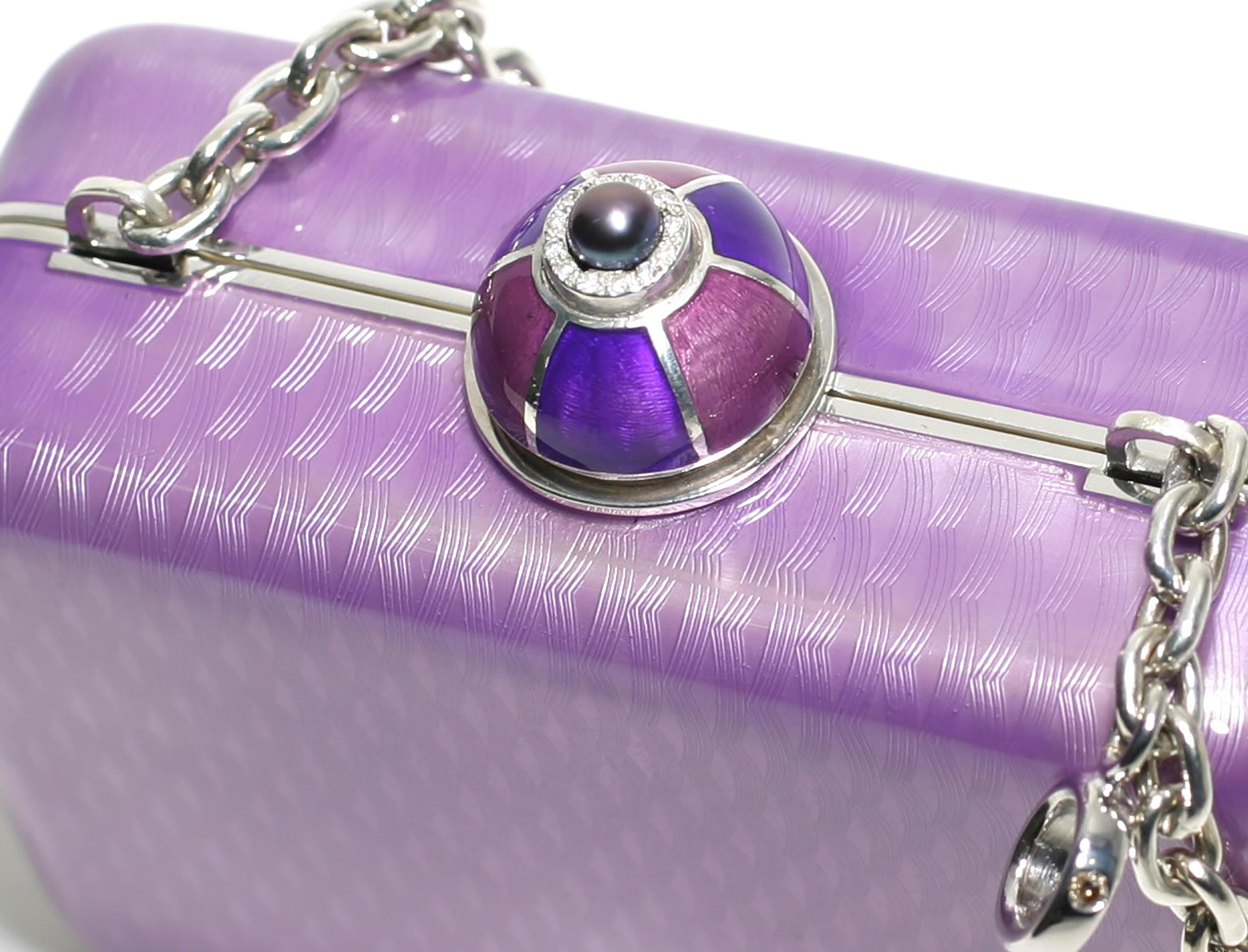 Contemporary Sterling Silver Guilloché Purple Enamel Diamond Minaudière Limited Edition