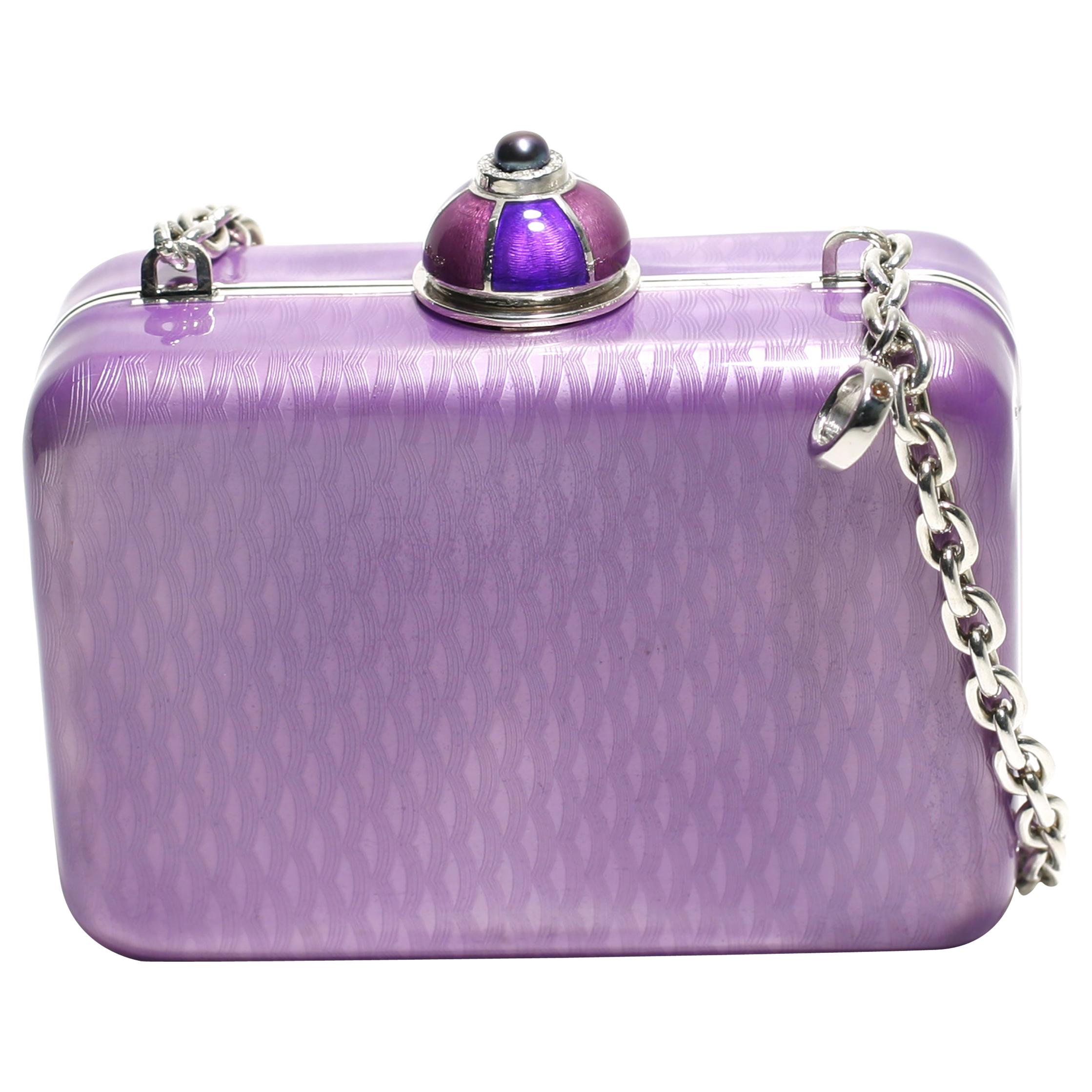 Sterling Silver Guilloché Purple Enamel Diamond Minaudière Limited Edition