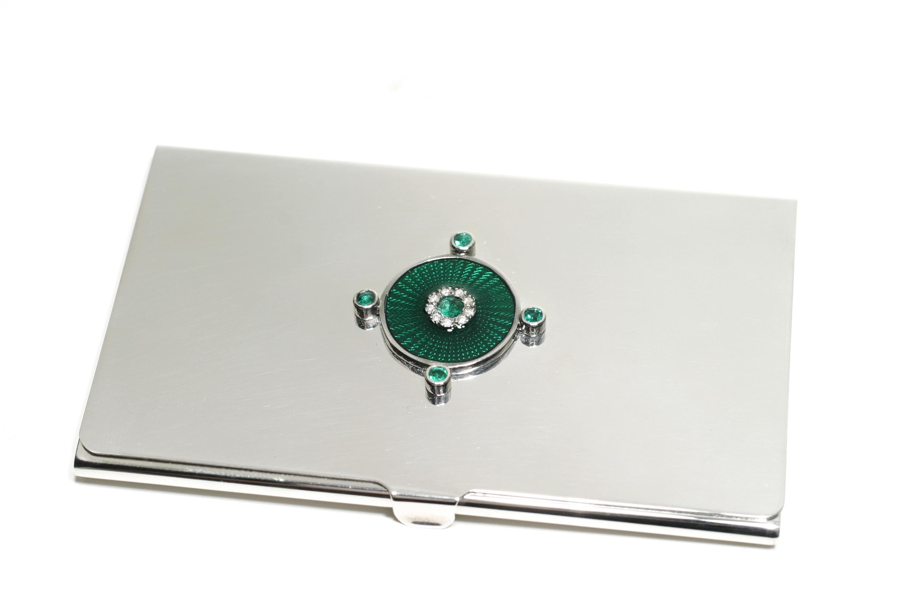 Contemporary Sterling Silver Guilloché Green Enamel Emerald Diamond Card Case