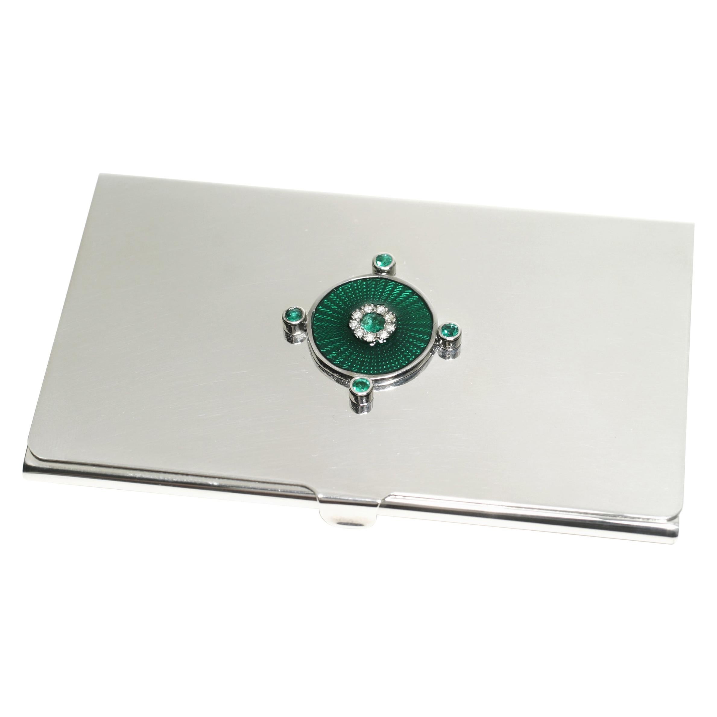 Sterling Silver Guilloché Green Enamel Emerald Diamond Card Case