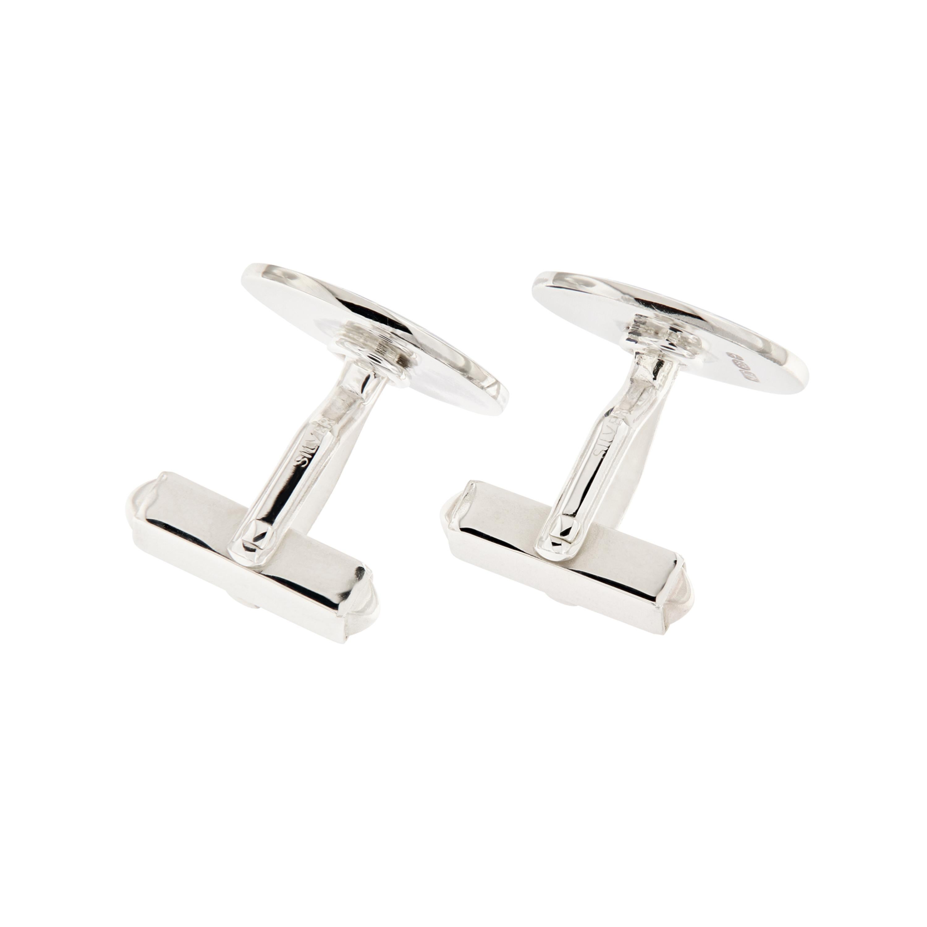 Men's Sterling Silver Guilloche Enamel Skeleton Key Design Cufflinks