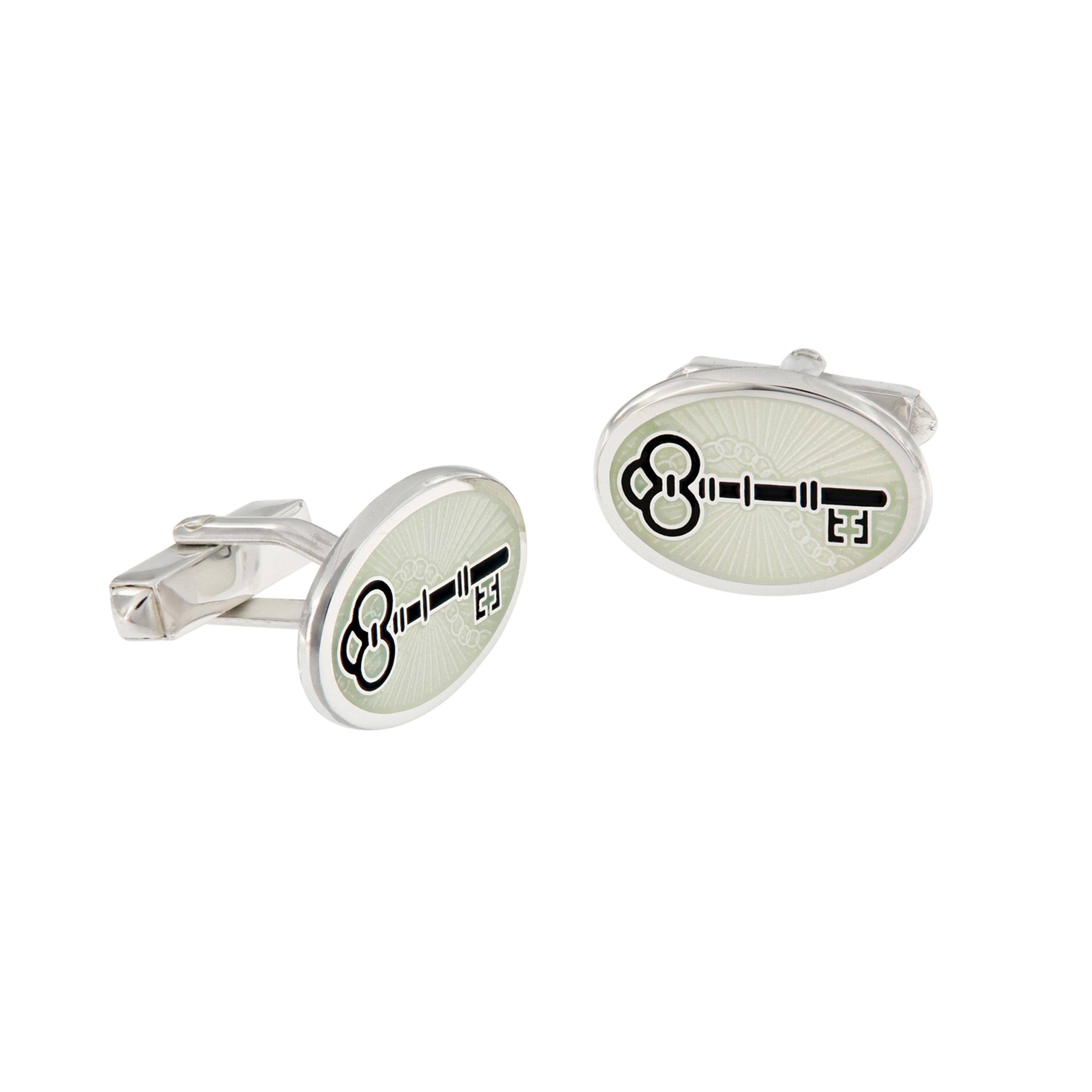 Sterling Silver Guilloche Enamel Skeleton Key Design Cufflinks