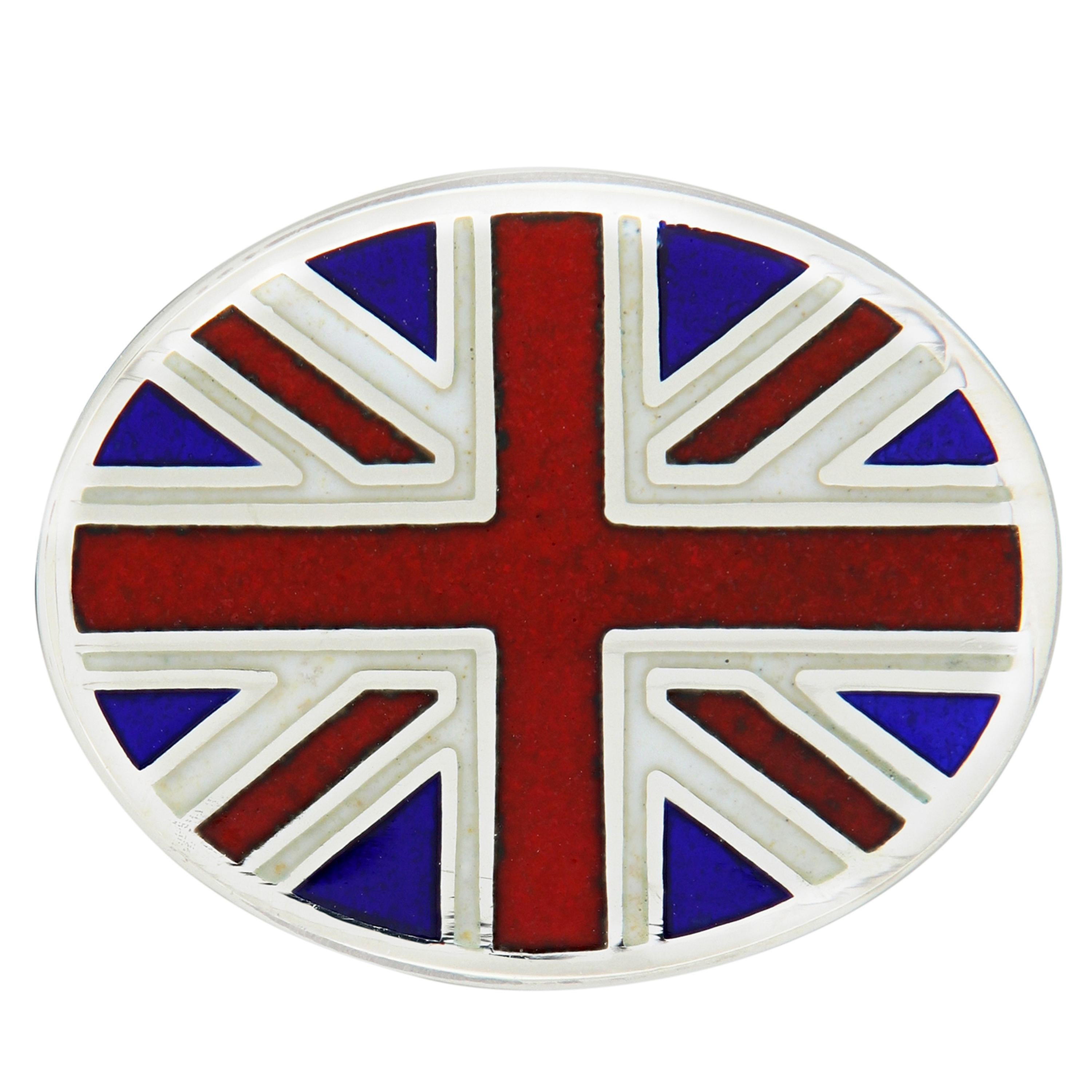 Schöne Manschettenknöpfe mit Guilloche-Emaille im Union Jack Design. Handgefertigt in England für 
Campanelli & Pear. Wiegt 12,6 Gramm. Das Oval misst 14 mm x 19 mm.
