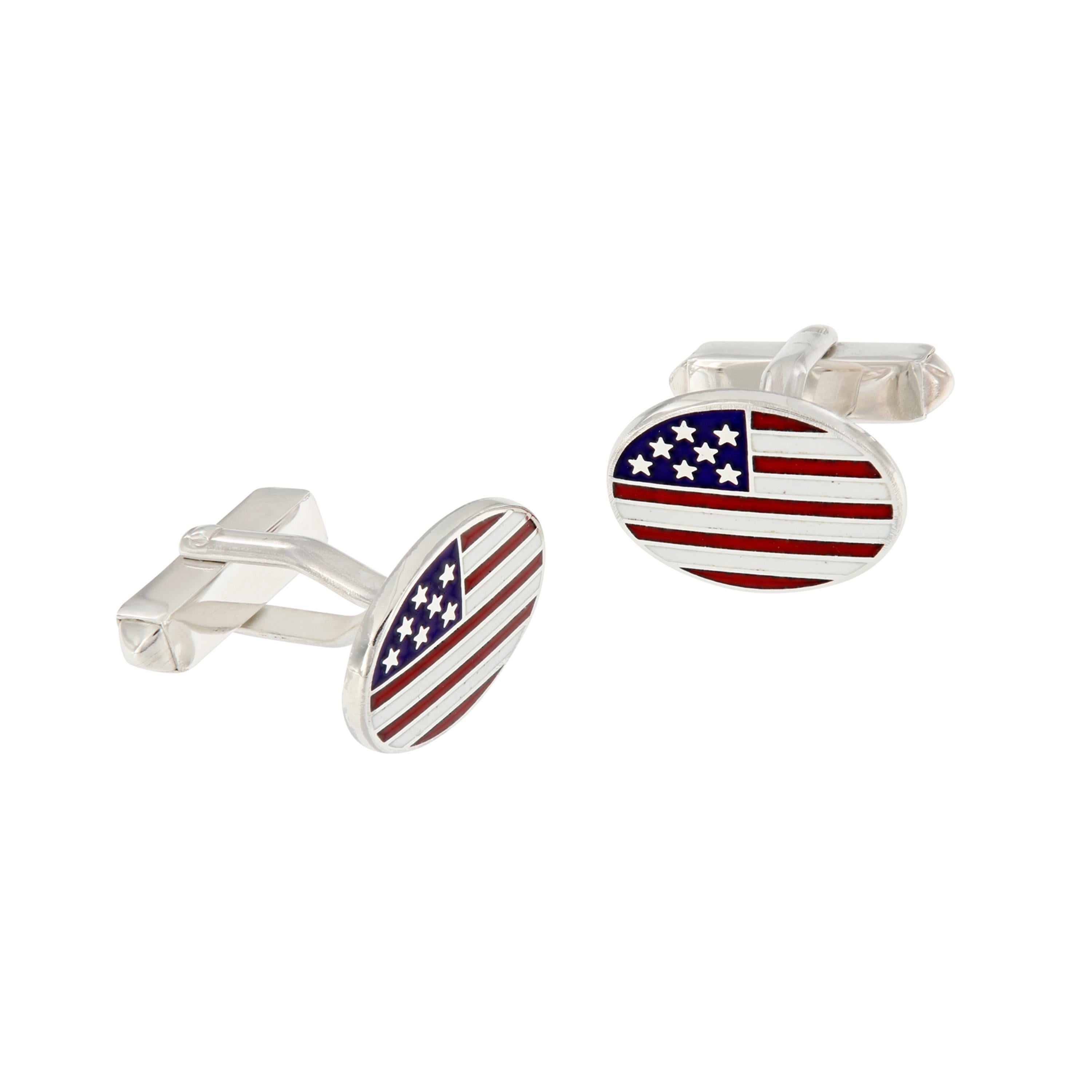 Sterling Silver Guilloche Enamel USA Flag Cuff Links