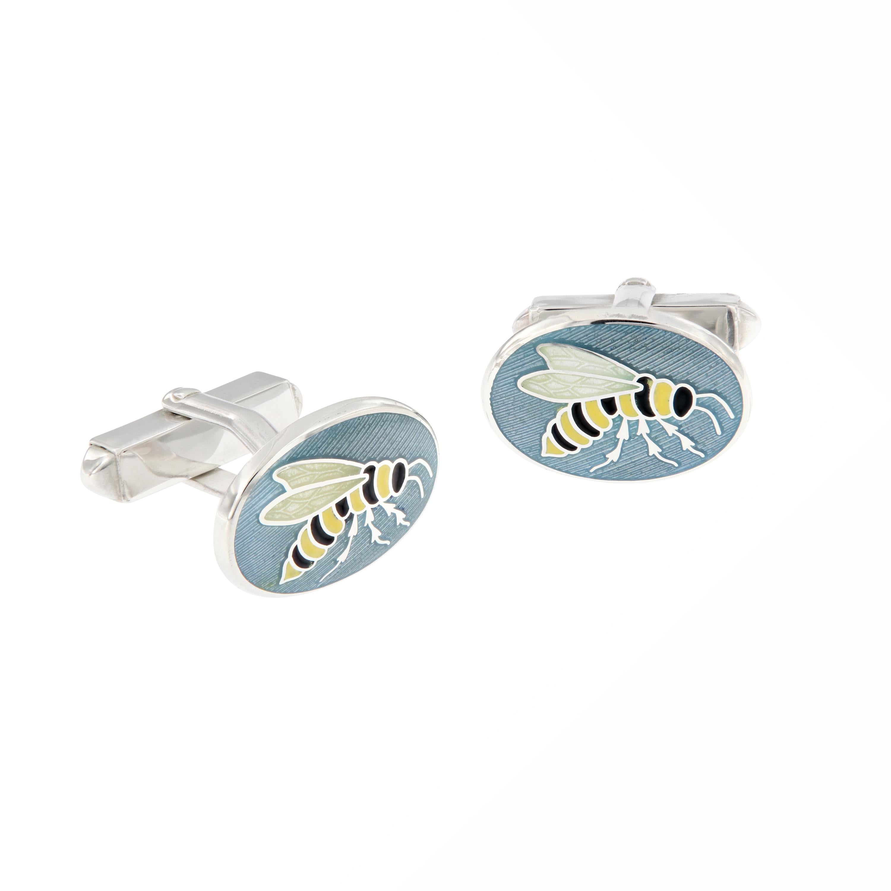 Beautiful Guilloche enamel contemporary wasp design cufflinks. Handmade in England for Campanelli & Pear. Weighs 12.6 grams. Oval measures 14mm x 19mm.