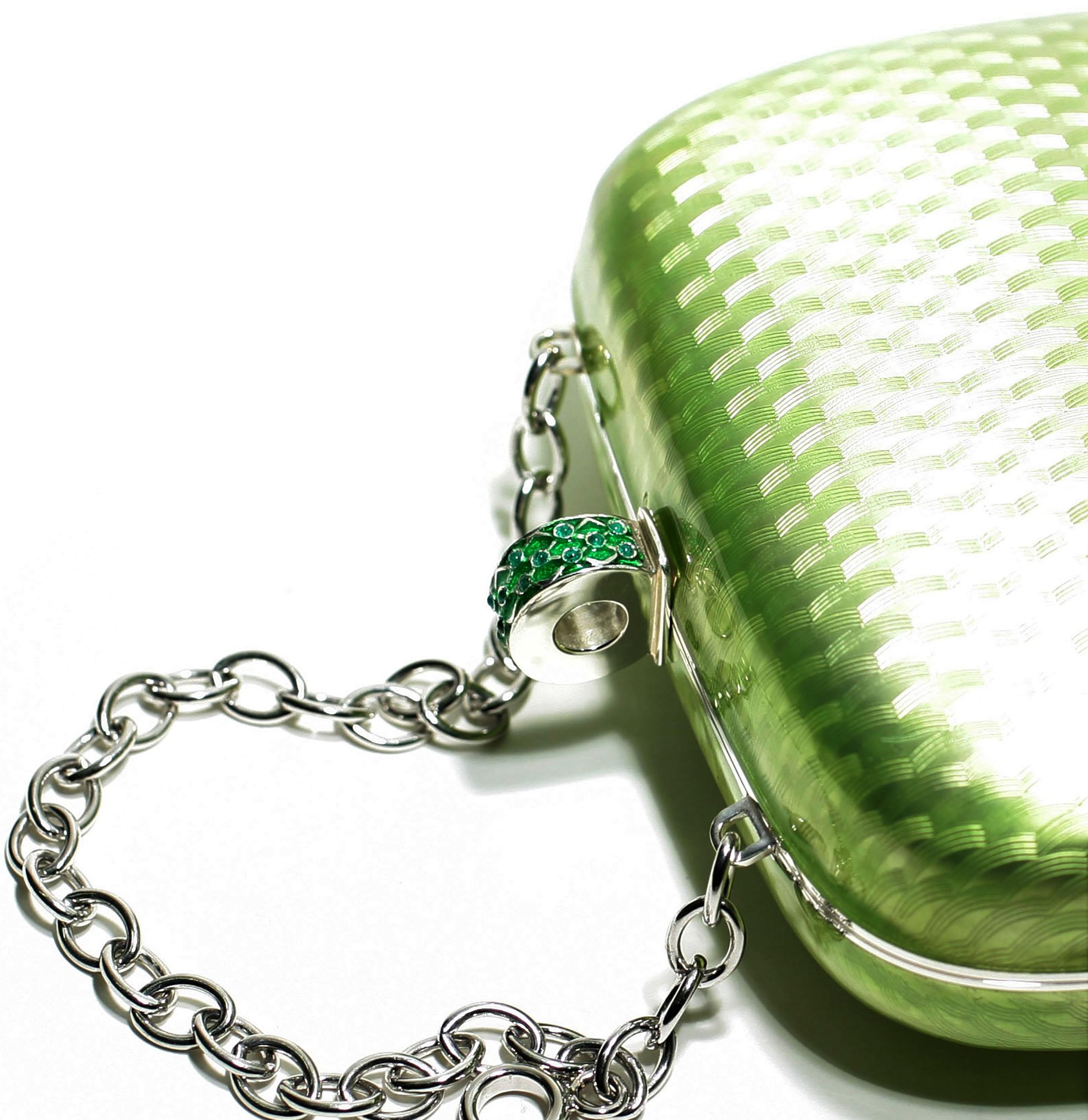 Contemporary Sterling Silver Guilloché Green Enamel Diamond Minaudière One of a Kind