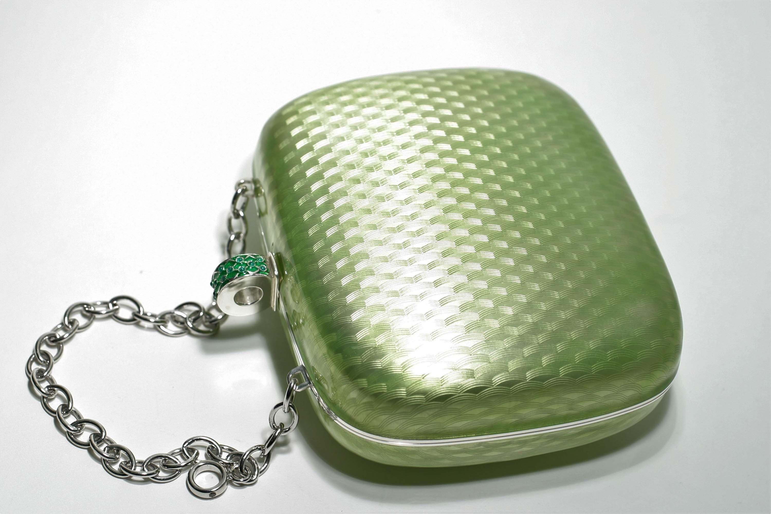 Sterling Silver Guilloché Green Enamel Diamond Minaudière One of a Kind In Excellent Condition In New York, NY