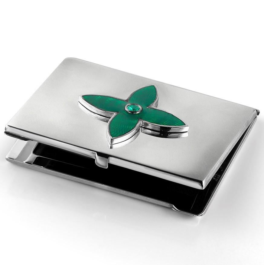 Round Cut Sterling Silver Guilloché Green Enamel Emerald Card Case