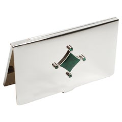 Retro Sterling Silver Guilloché Green Enamel Emerald Card Case