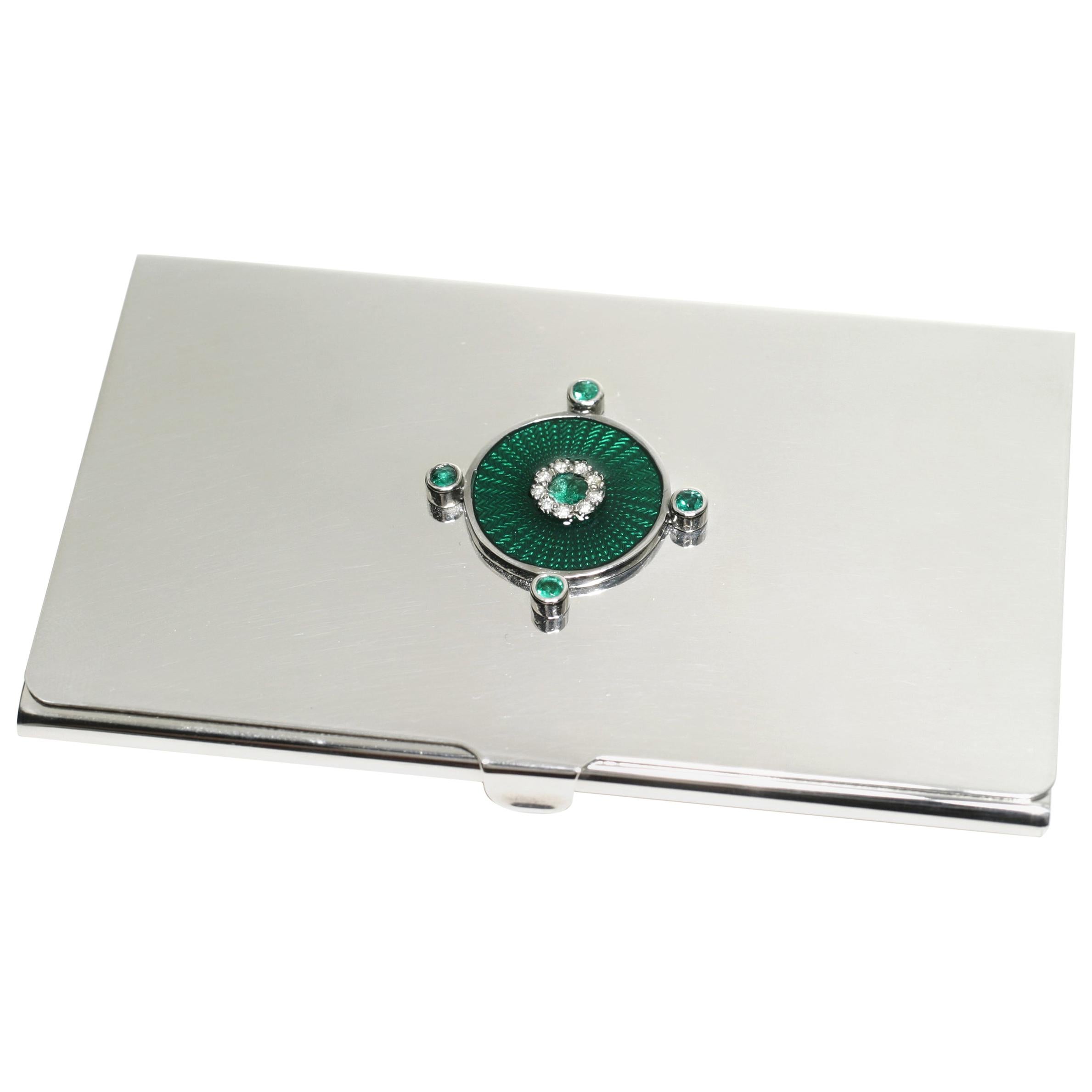 Sterling Silver Guilloché Green Enamel Emerald Diamond Card Case