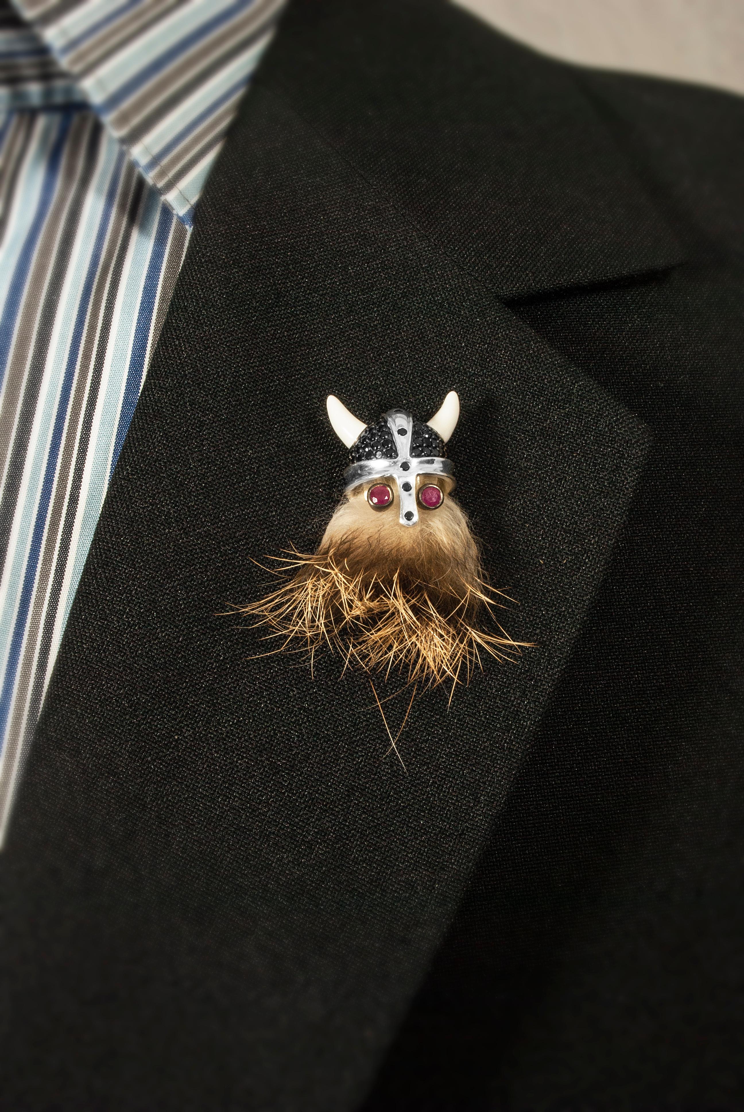 Contemporary Sterling Silver Hairy Viking Lapel Pin With Black Spinel Helmet With Ruby Eyes